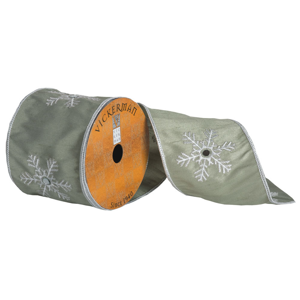 Vickerman 4” x 5yd Green White Snowflake Mirror - Q174214