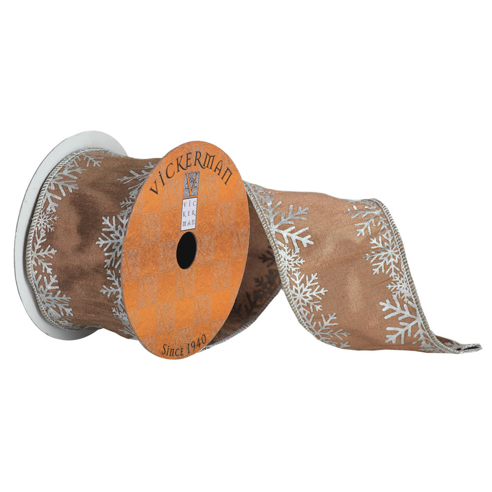 Vickerman 2.5” x 5yd Brown Silver Snowflake - Q174221