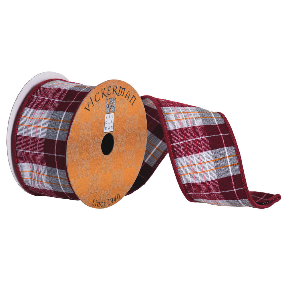 Vickerman 4” x 10yd Red, White, Gray, Orange Plaid - Q174230