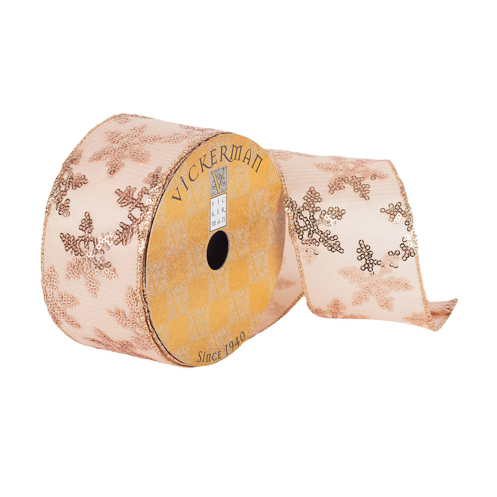 Vickerman 2.5”x10Yd Rose Gold Sequin Snowflakes - Q180146
