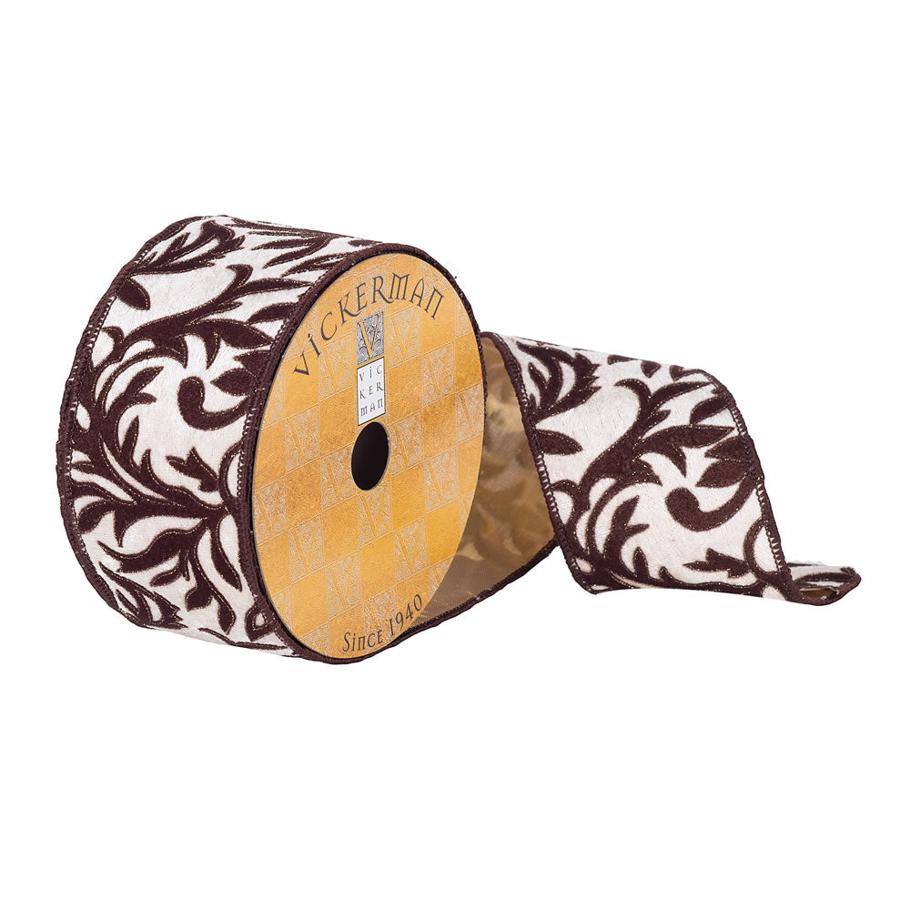 Vickerman 2.5”x10Yd Ivory Dark Brown Herati Ribbon - Q180215