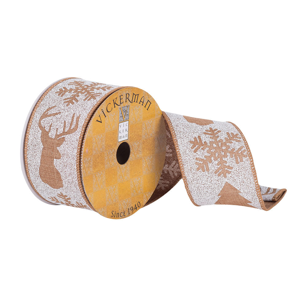 Vickerman 2.5”x10Yd Tan White Deer Tree Snowflake - Q180263