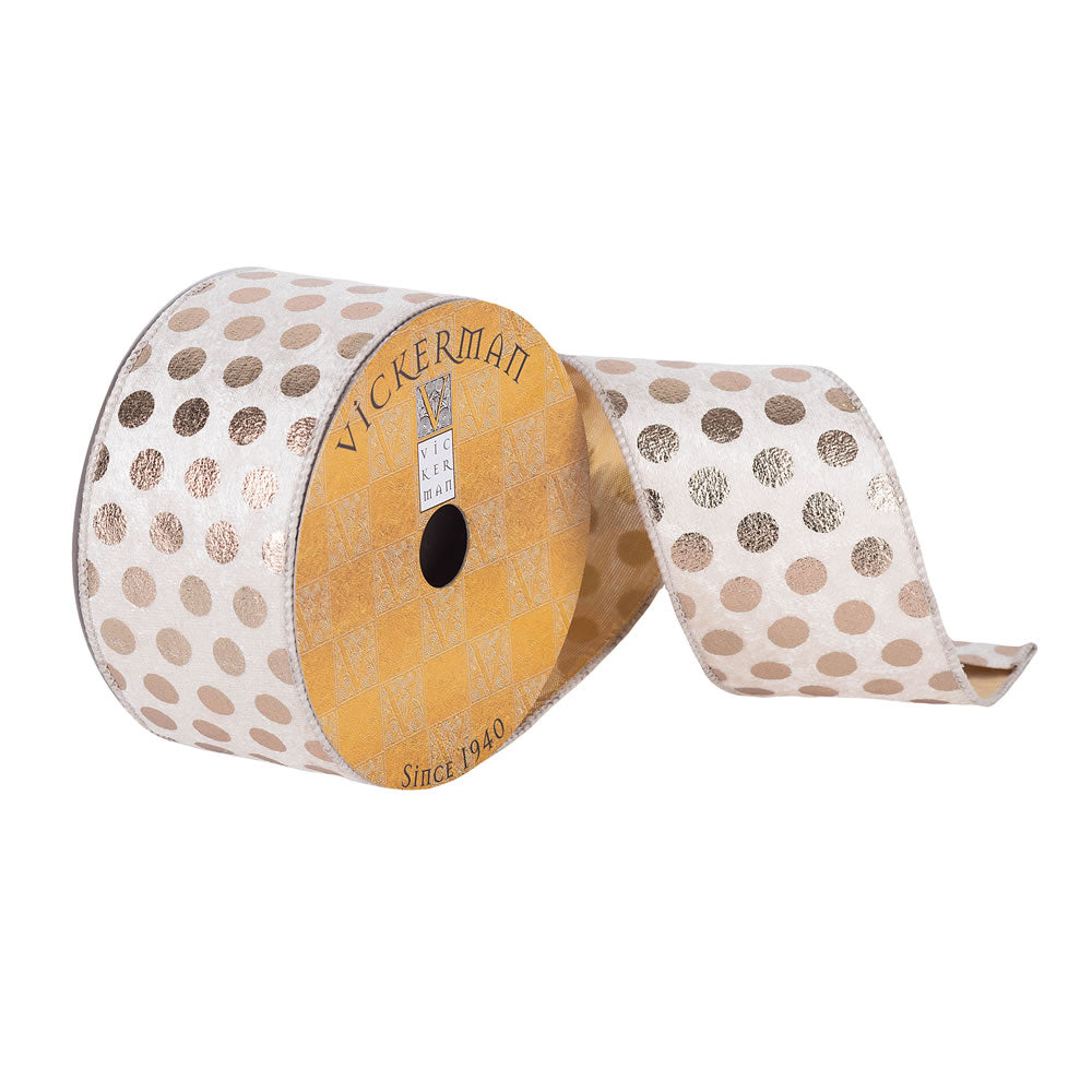 Vickerman 2.5”x10Yd Ivory Velvet Gold Metallic Dot - Q180458