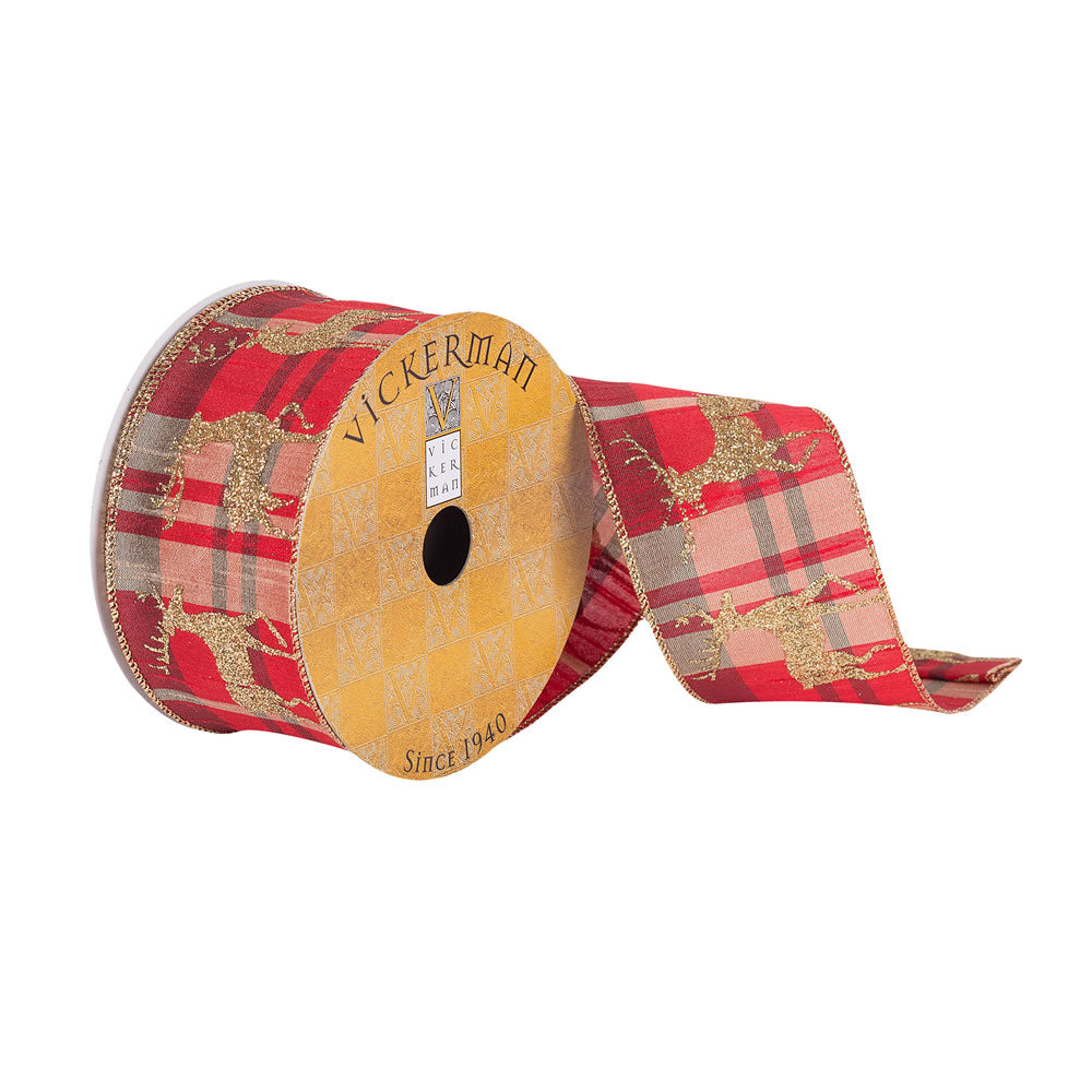 Vickerman 2.5”x10Yd Red Plaid/Gold Reindeer - Q180608