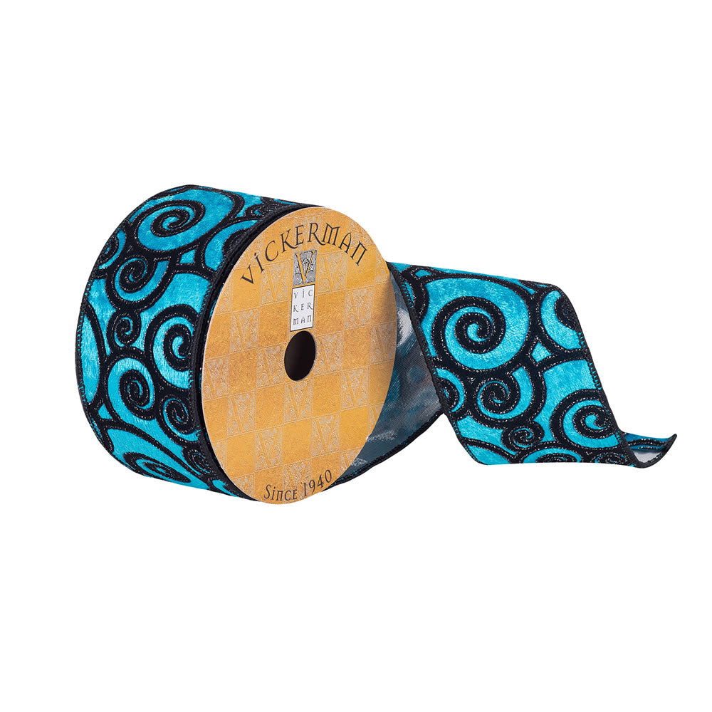 Vickerman 2.5”x10Yd Turquoise/Black Velvet Swirl - Q180872
