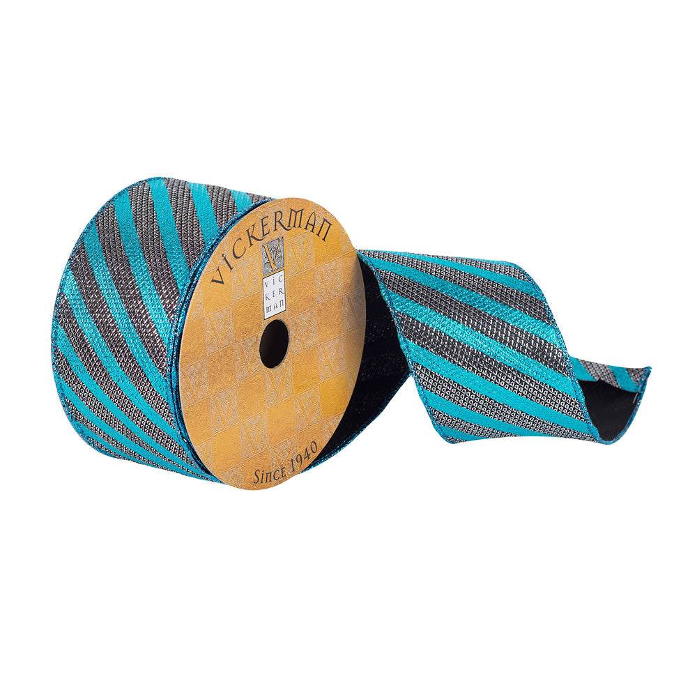 Vickerman 2.5”x10Yd Turquoise/Pewter Rivet Stripes - Q180896