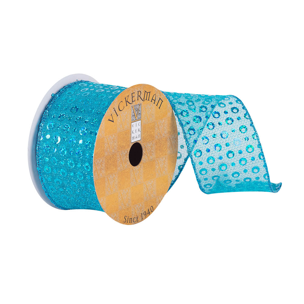 Vickerman 2.5”x10Yd Semi Sheer Blue Sequin Ribbon - Q180917