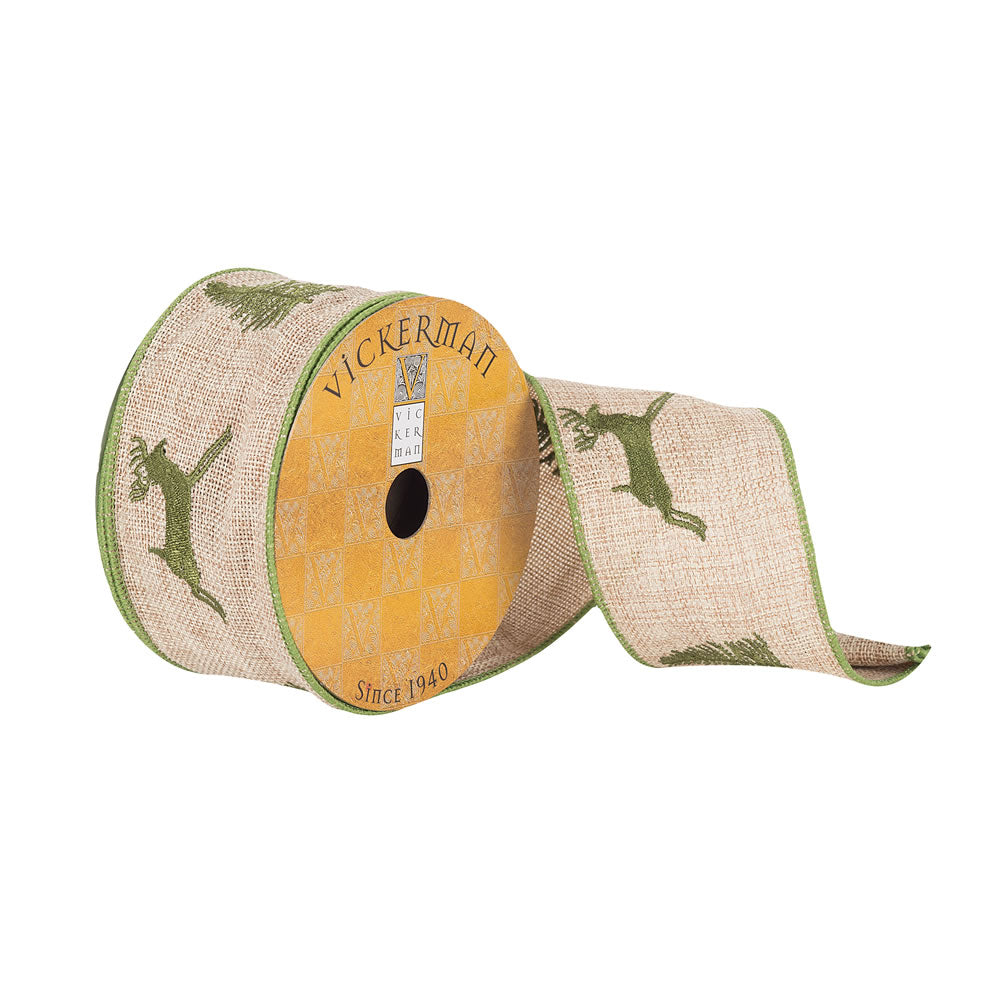 Vickerman 2.5”x10Yd Natural Burlap Woven Grn Deer - Q180989