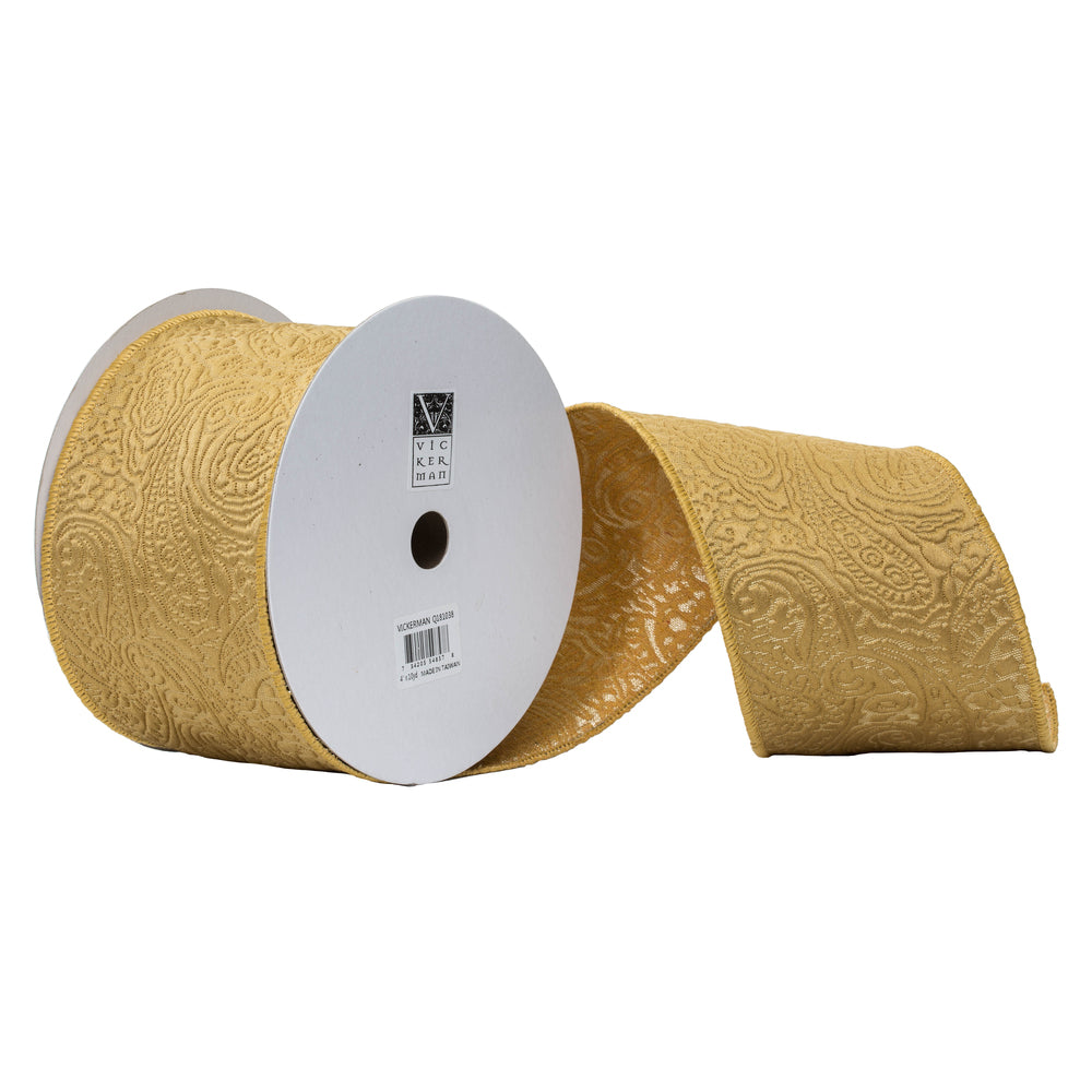 Vickerman 4”x10Yd Gold Woven Paisley Ribbon - Q181038