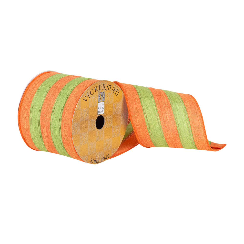 Vickerman 4”x10Yd Orange/Green Striped Ribbon - Q181285