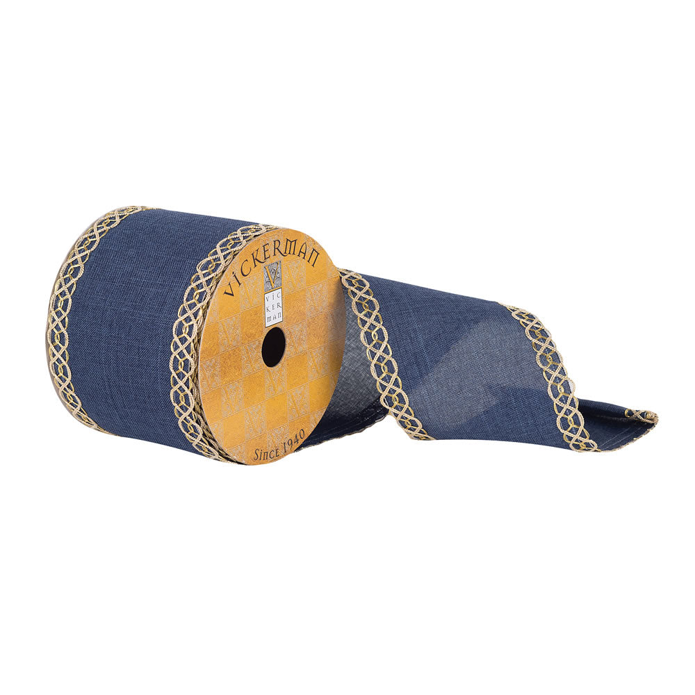 Vickerman 3.75”x10Yd Blue Dupion Gold Swirl Edge - Q181345