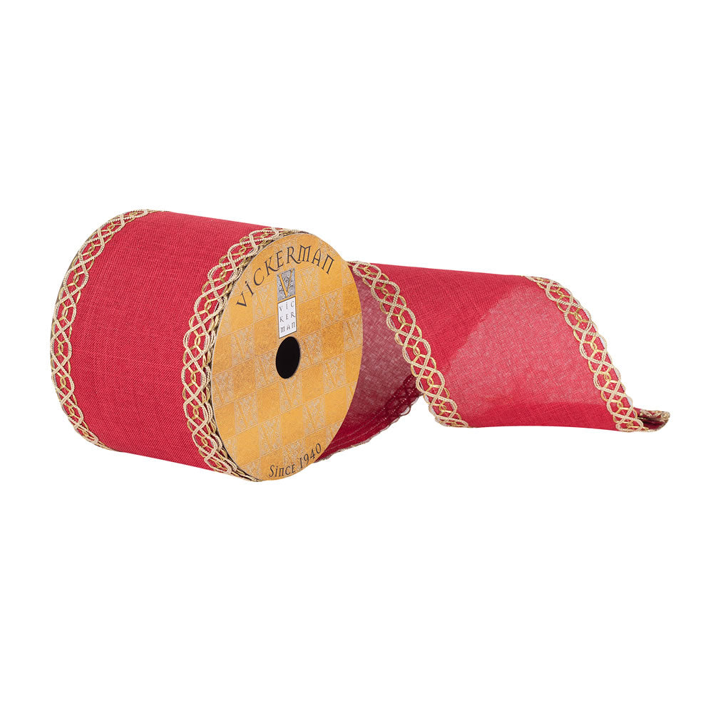 Vickerman 3.75”x10Yd Red Dupion Gold Swirl Edge - Q181348