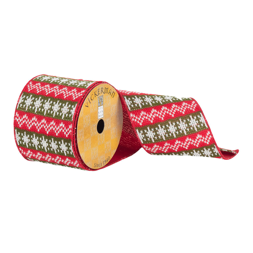 Vickerman 4”x10Yd Red/Green Knit w/ White Details - Q181402