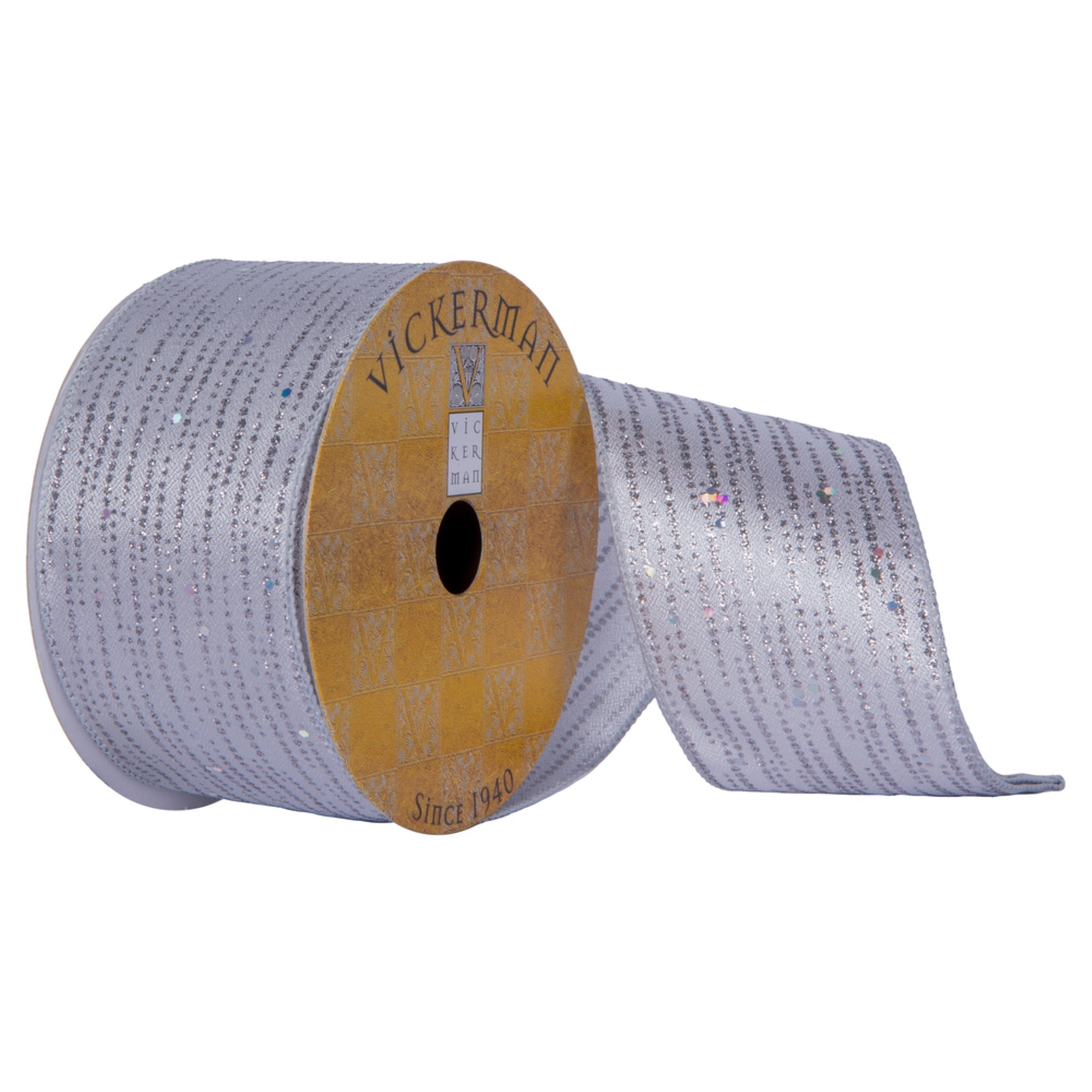 Vickerman 2.5” x 10 Yard Silver Sheen Glitter and Sequin Line Pattern Christmas Ribbon