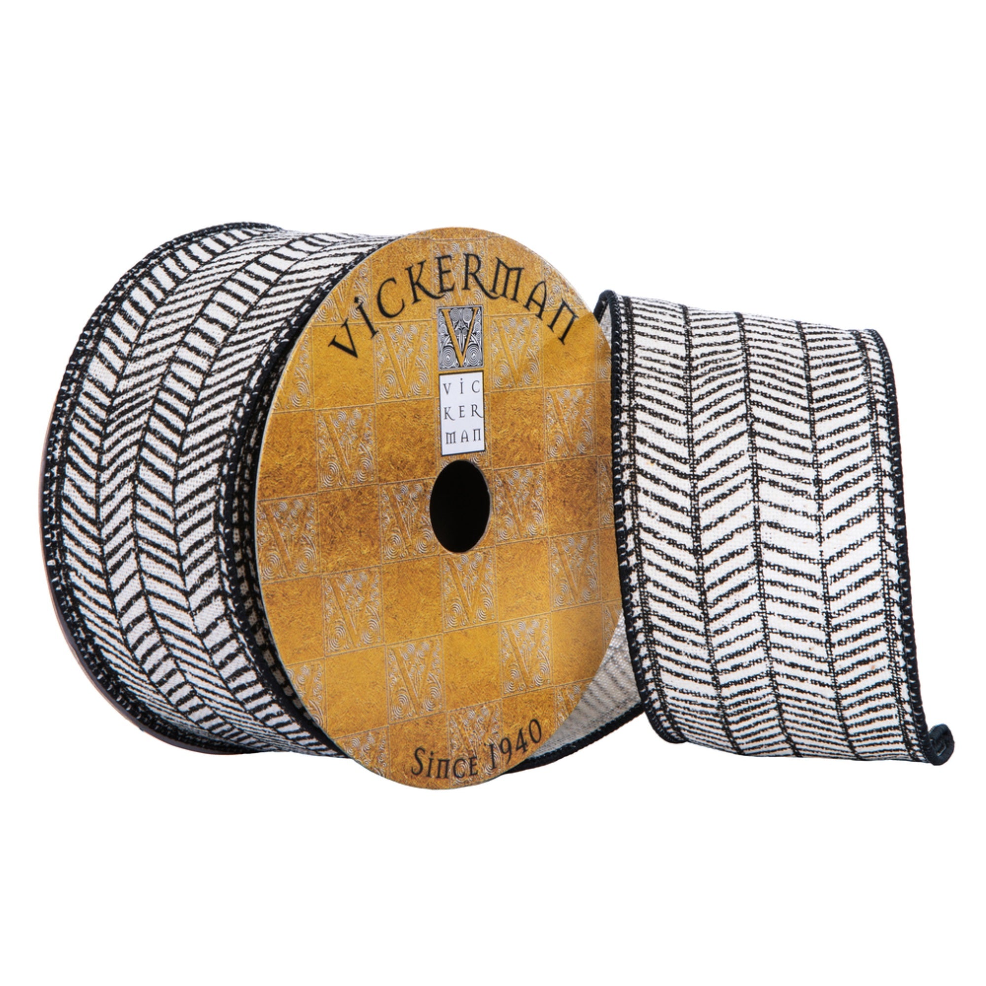 Vickerman 2.5” x 10 Yards Beige and Black Herringbone Christmas Ribbon