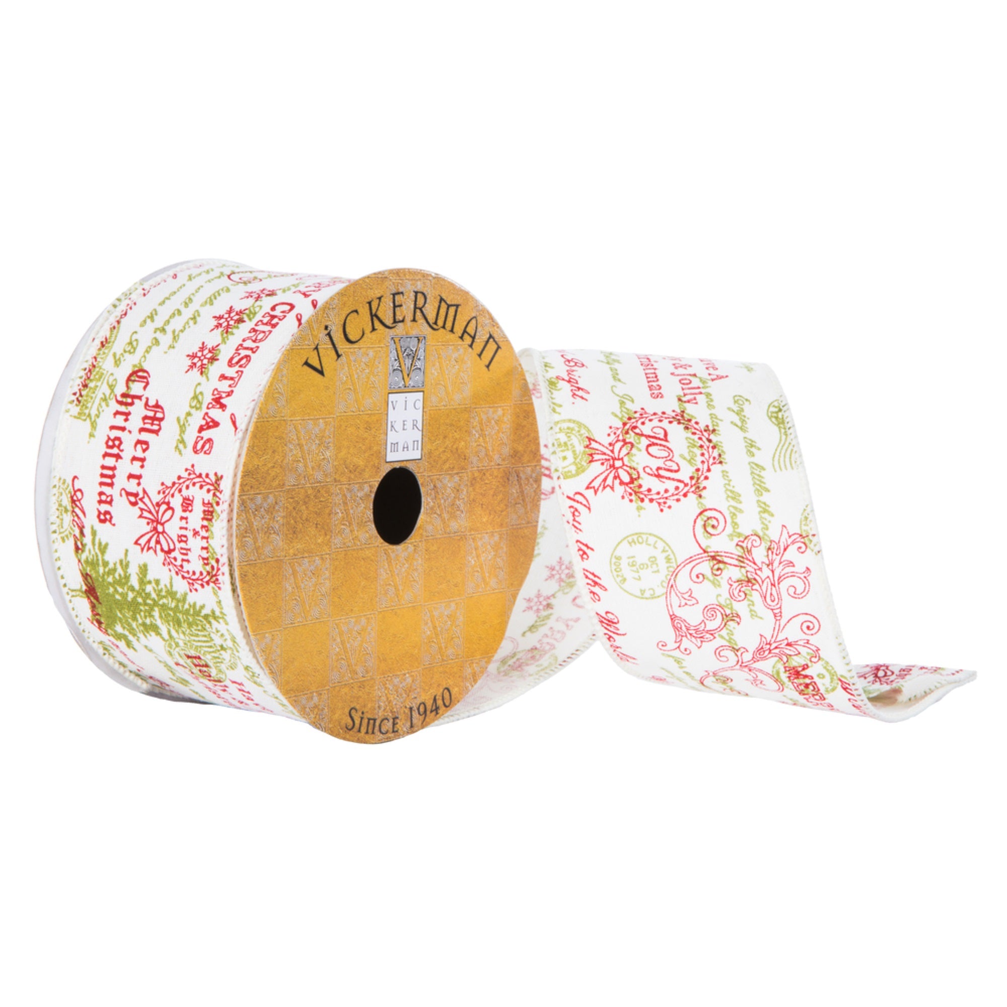 Vickerman 2.5” x 10 Yard Red and Green Nostalgic Stamp Pattern Christmas Ribbon