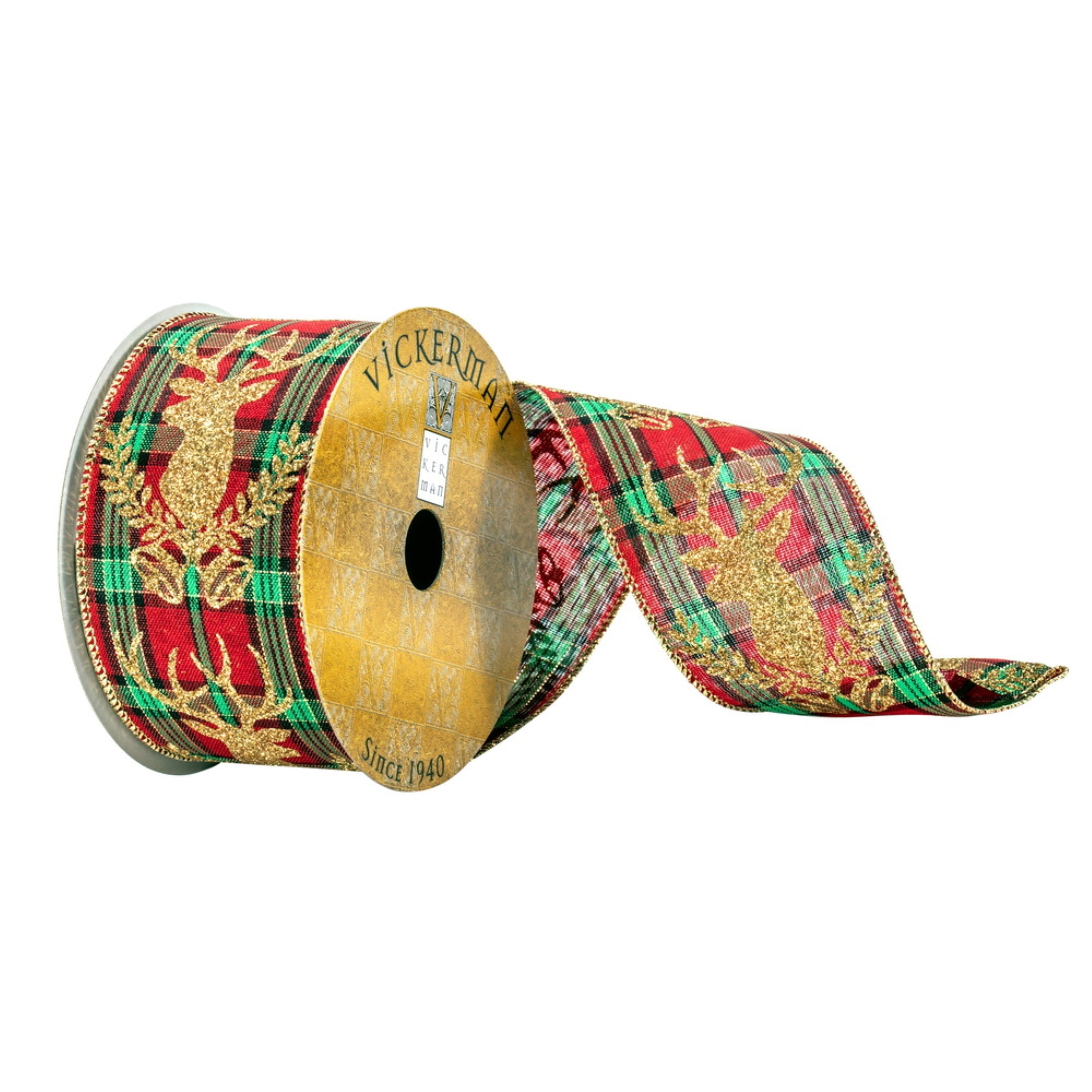 Vickerman 2.5” x 10 Yards Red Green and Gold Deer Plaid Ribbon
