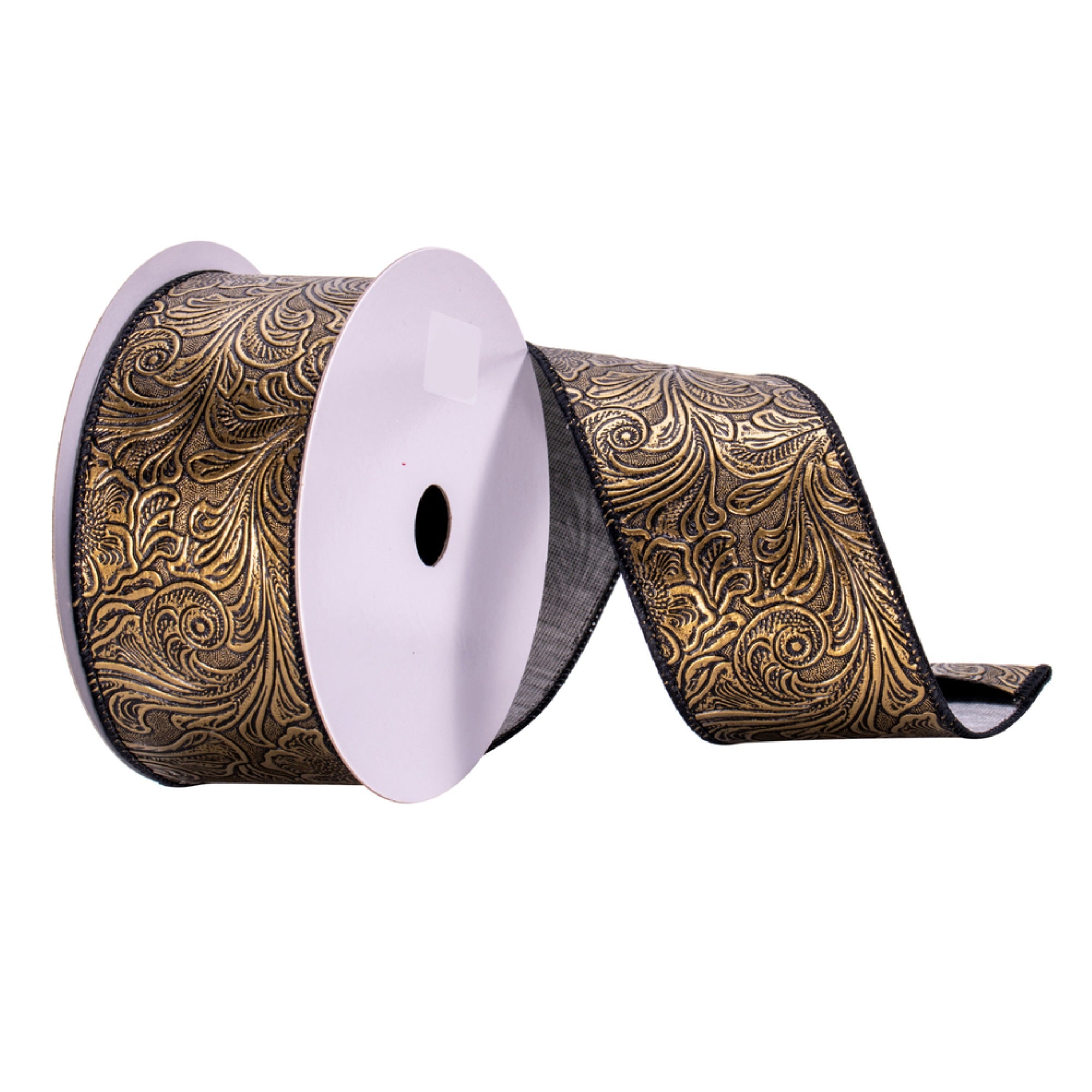 2.5”x10yd Black/Gold Filigree Ribbon
