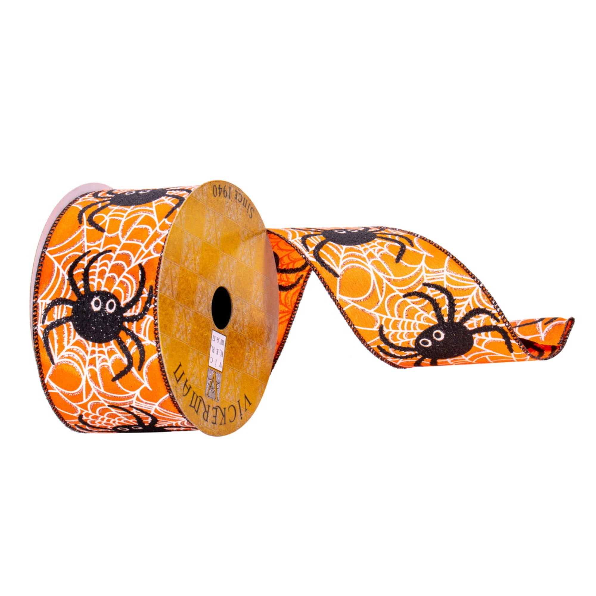 Vickerman 2.5” x 10 Yards Orange and Black Glitter Spider Ribbon