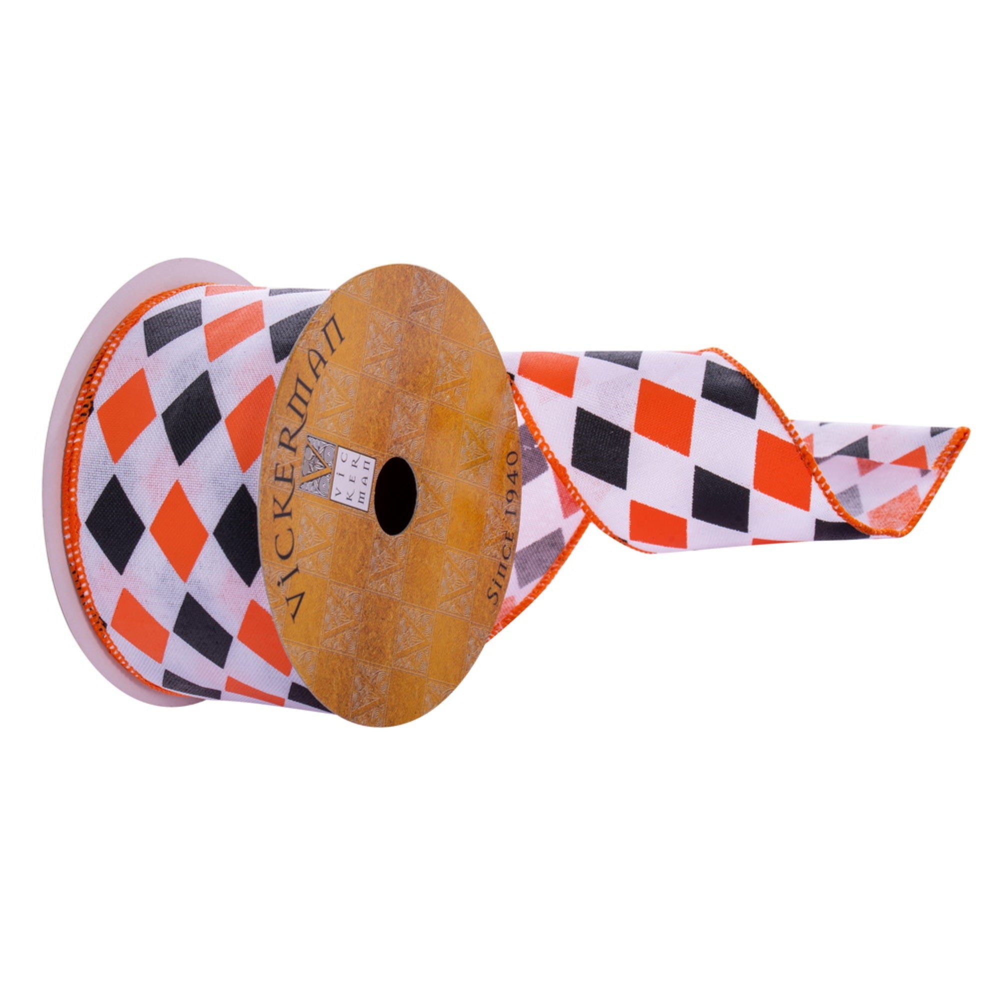 Vickerman 2.5” x 10 Yards White Orange Black Diamond Ribbon.