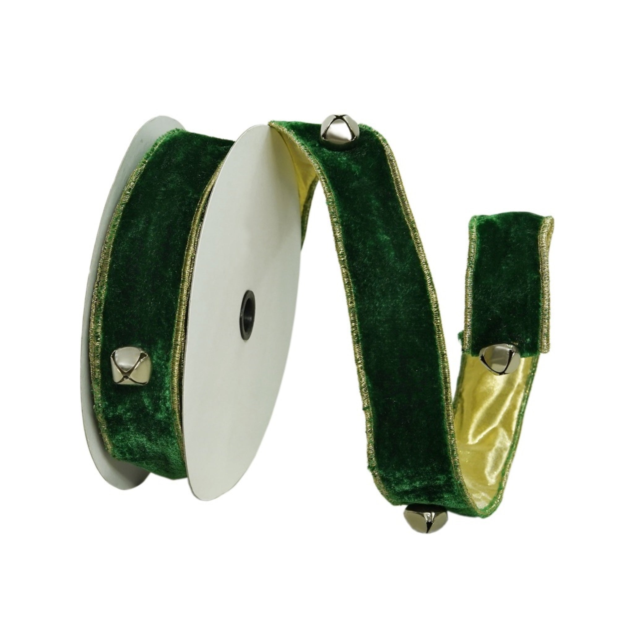 Vickerman 1.5 X 10 Yd Emerald Jingle Bells Wired Edge Christmas Ribbon.