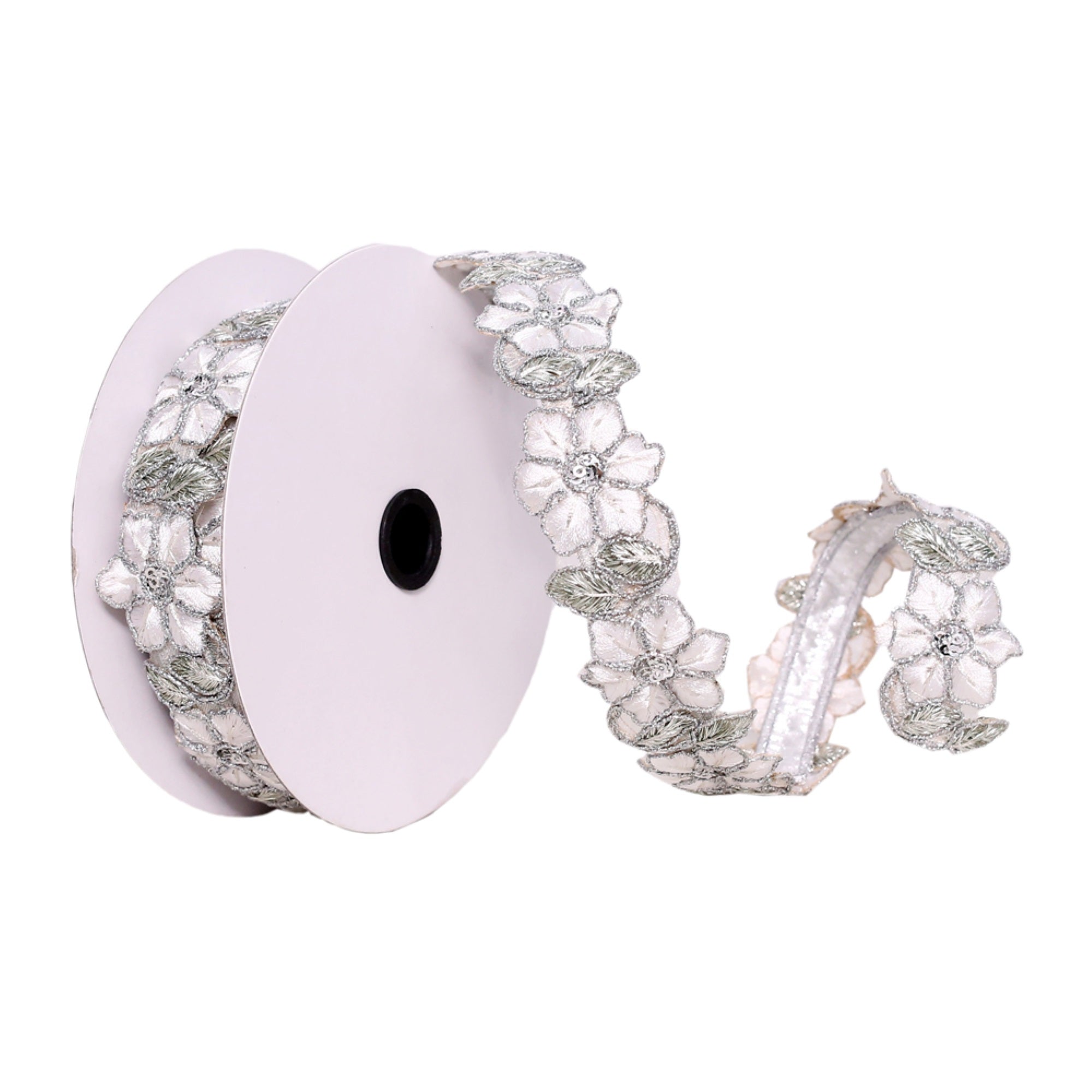 Vickerman 1.5 X 10 Yd White/Silver Flower Wired Edge Christmas Ribbon.