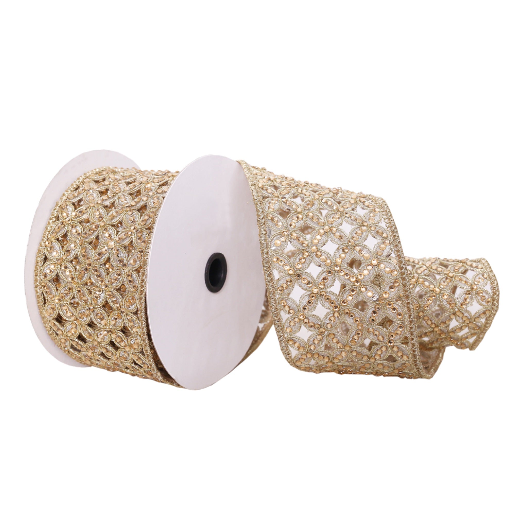 Vickerman 3.5” x 5 Yards Gold Jewel Cut-Out Wired Edge Christmas Ribbon.