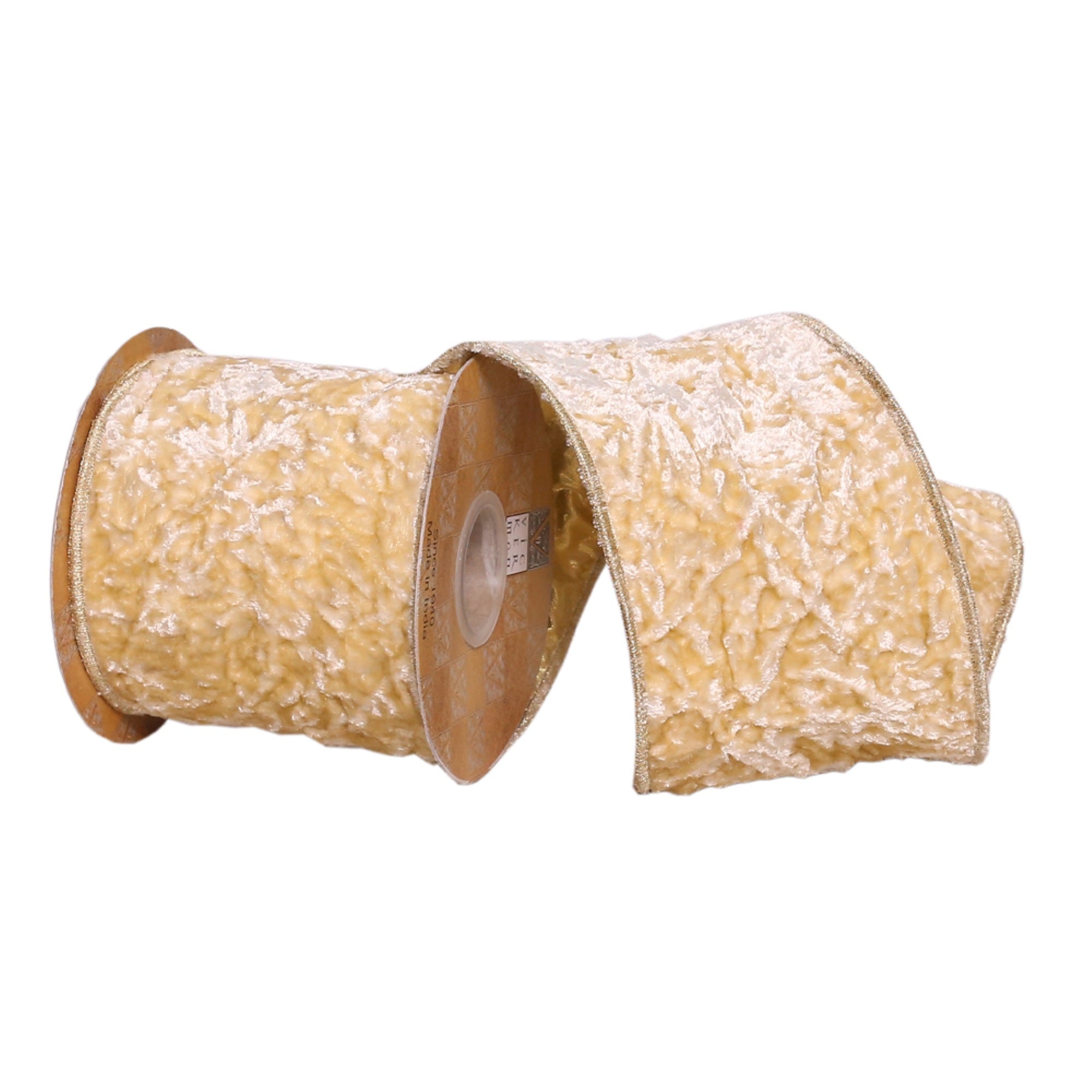 Vickerman 4” x 5 Yards Beige Crushed Velvet Wired Edge Christmas Ribbon.