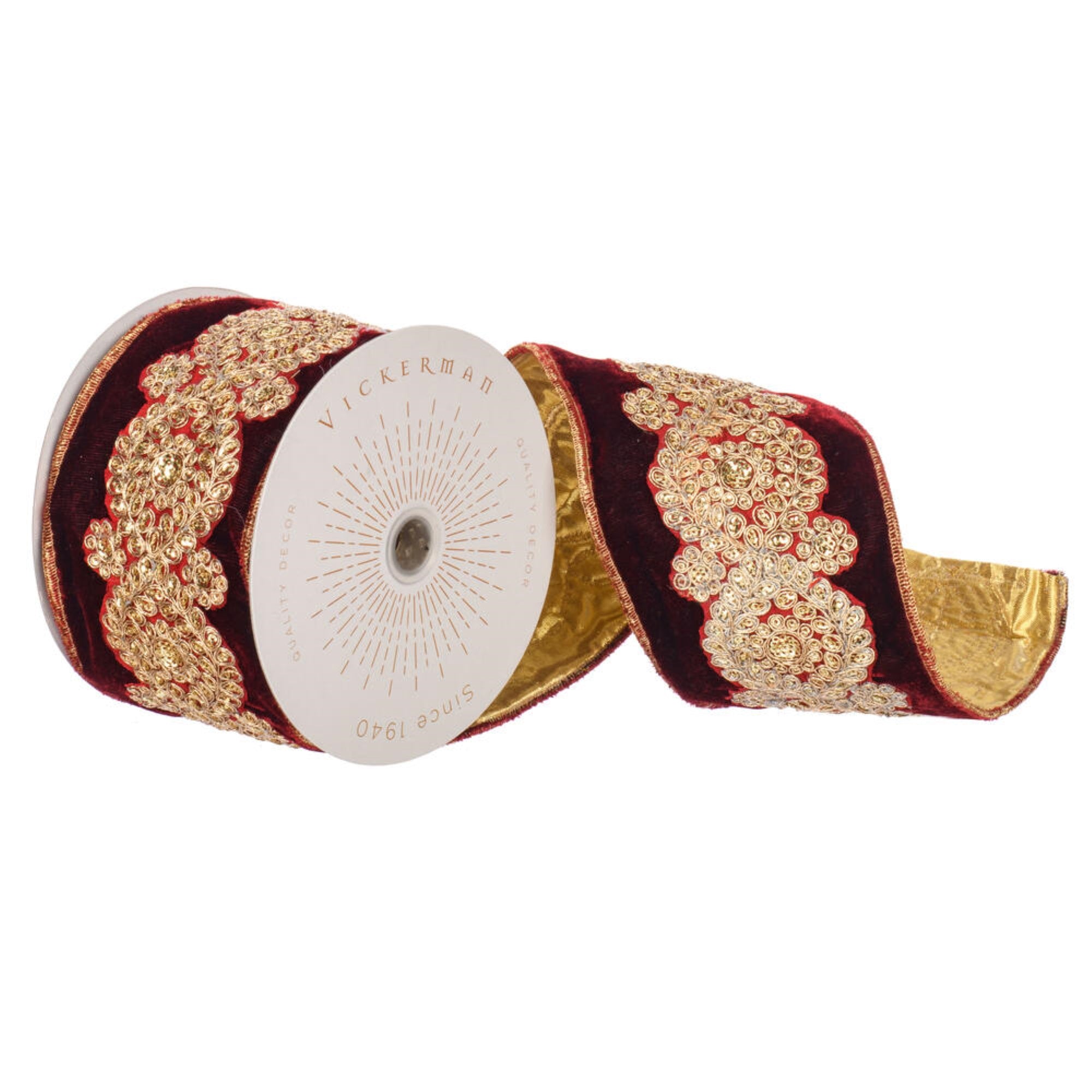 Vickerman 4” x 5 Yards Wine Velvet Ribbon with Light Gold Sequin Embroidery Wired Edge Christmas Ribbon.
