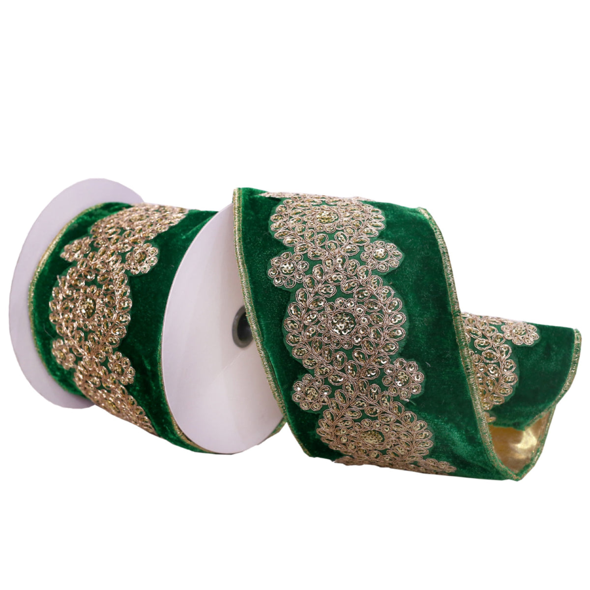 Vickerman 4 X 5 Yards Emerald Velvet Ribbon With Light Gold Embroidery Wired Edge Christmas Ribbon.