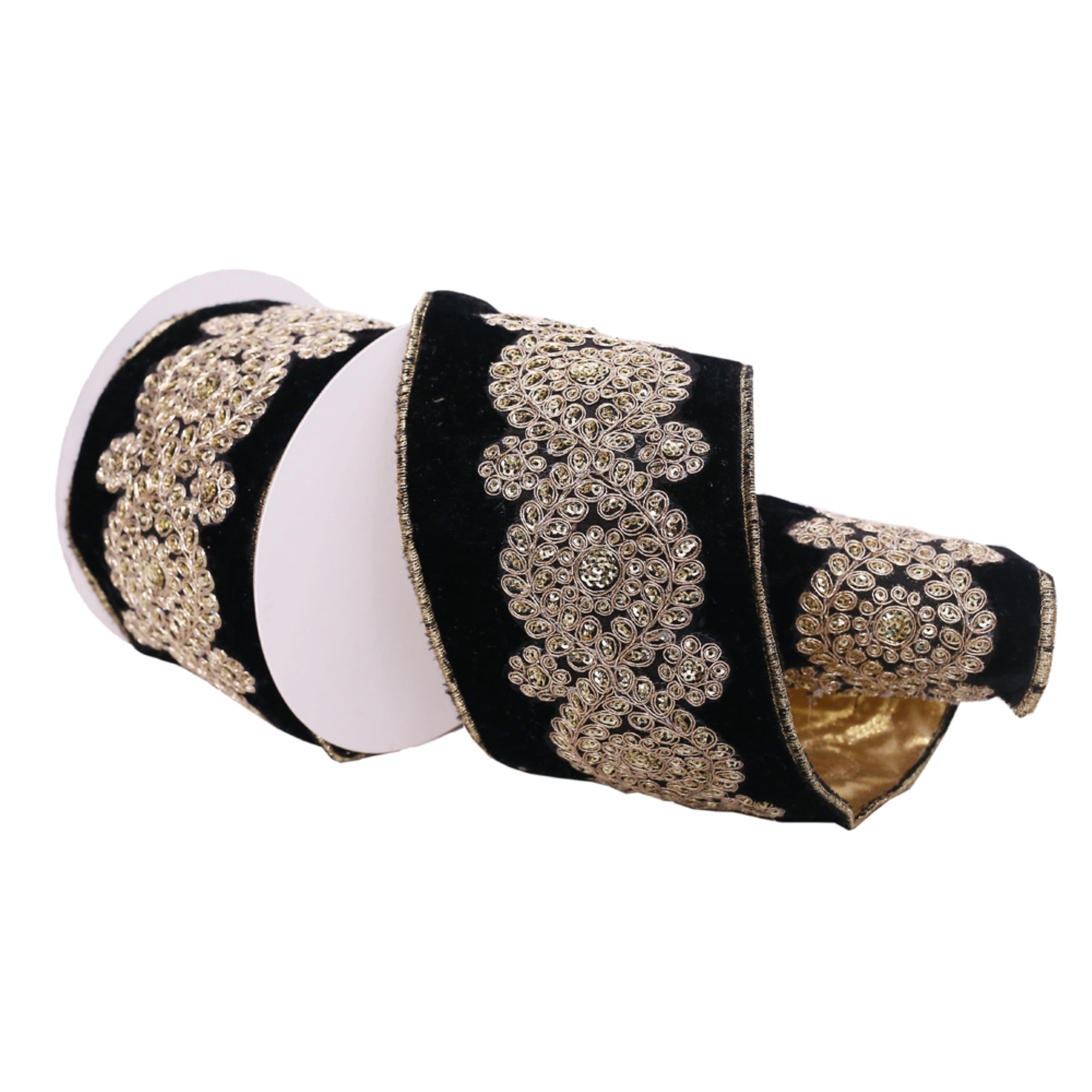 Vickerman 4” x 5 Yards Black Velvet Ribbon with Light Gold Embroidery Wired Edge Christmas Ribbon.