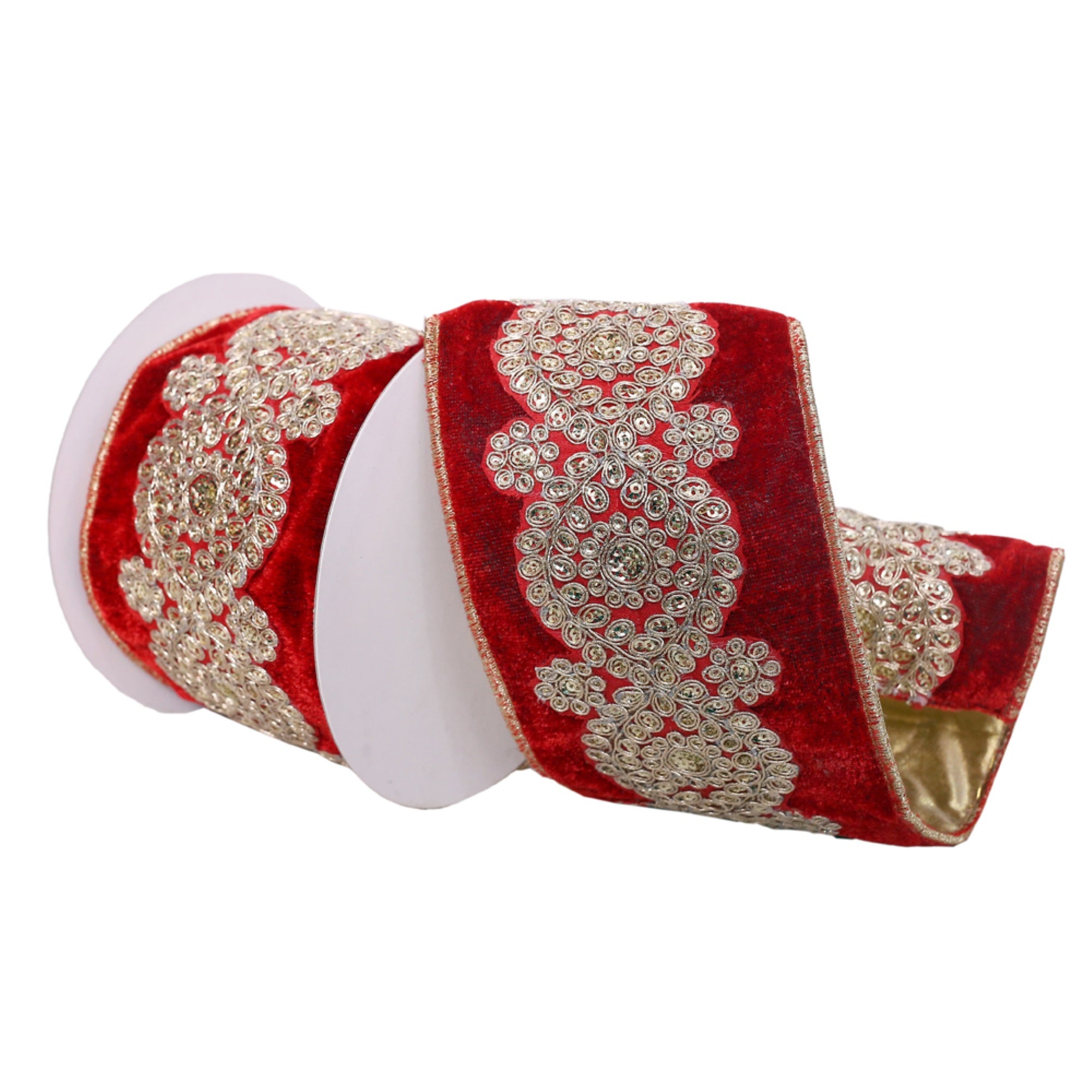 Vickerman 4” x 5 Yards Red Velvet Ribbon with Light Gold Embroidery Wired Edge Christmas Ribbon.