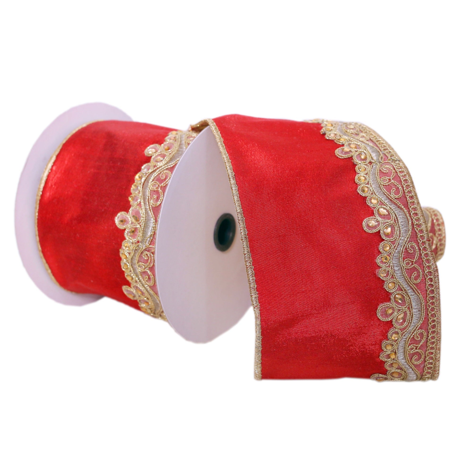 Vickerman 4 X 5 Yards Red With Gold Embroider One-Side Wired Edge Christmas Ribbon.