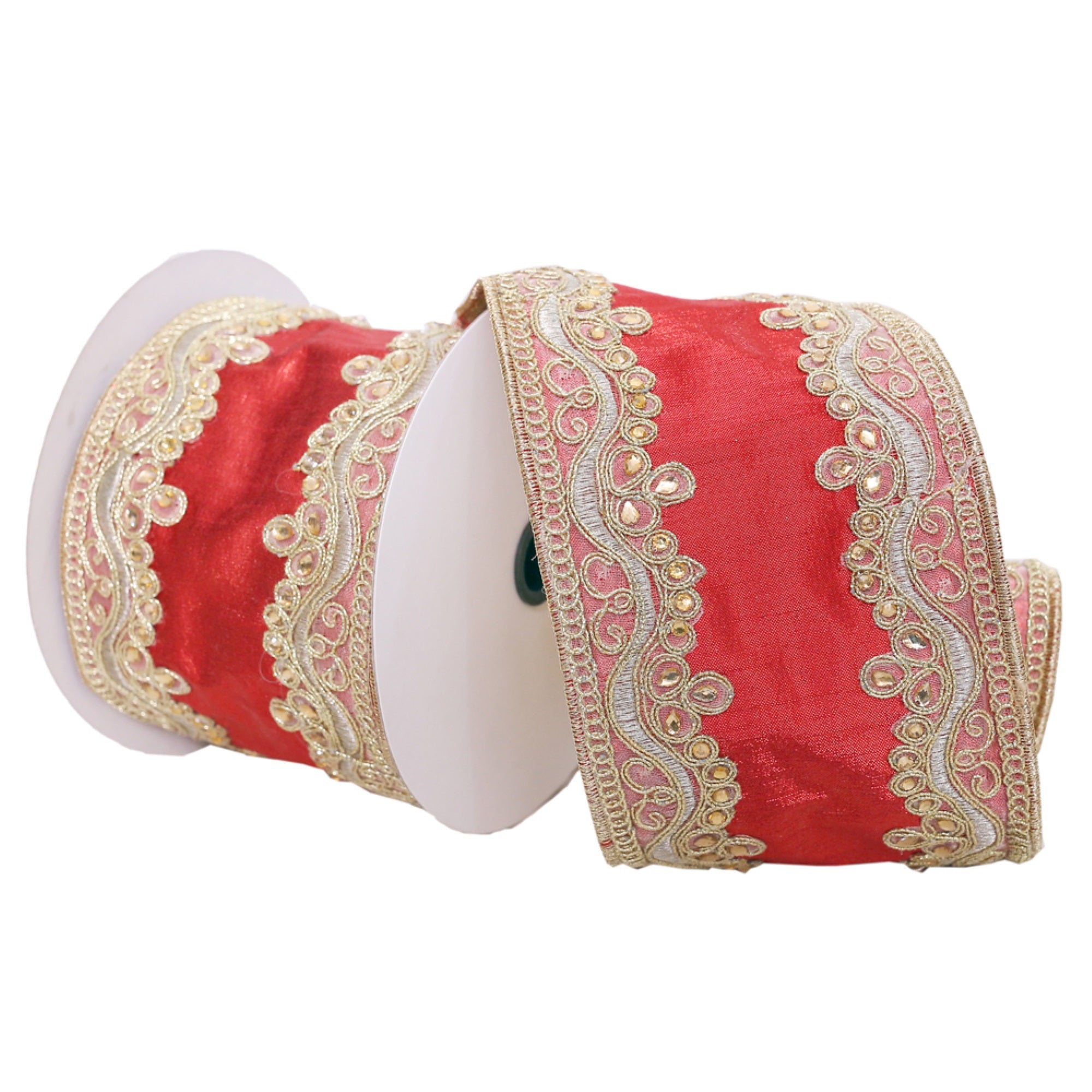 Vickerman 4” x 5 Yards Red with Gold Embroidery Two-Sided Wired Edge Christmas Ribbon.