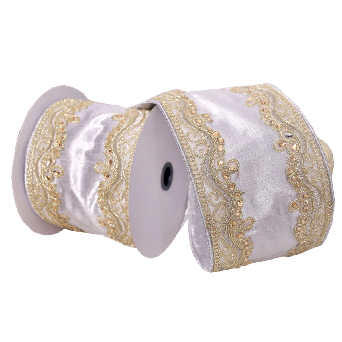 Vickerman 4 X 5 Yards Silver With Gold Embroidery Two-Sided Wired Edge Christmas Ribbon.