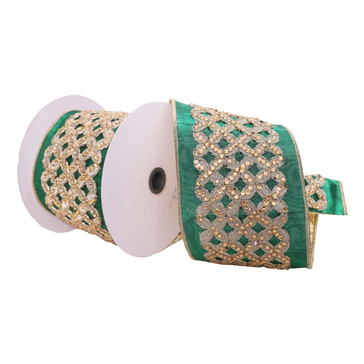 Vickerman 4 X 5 Yards Green With Gold Jeweled Wired Edge Christmas Ribbon.