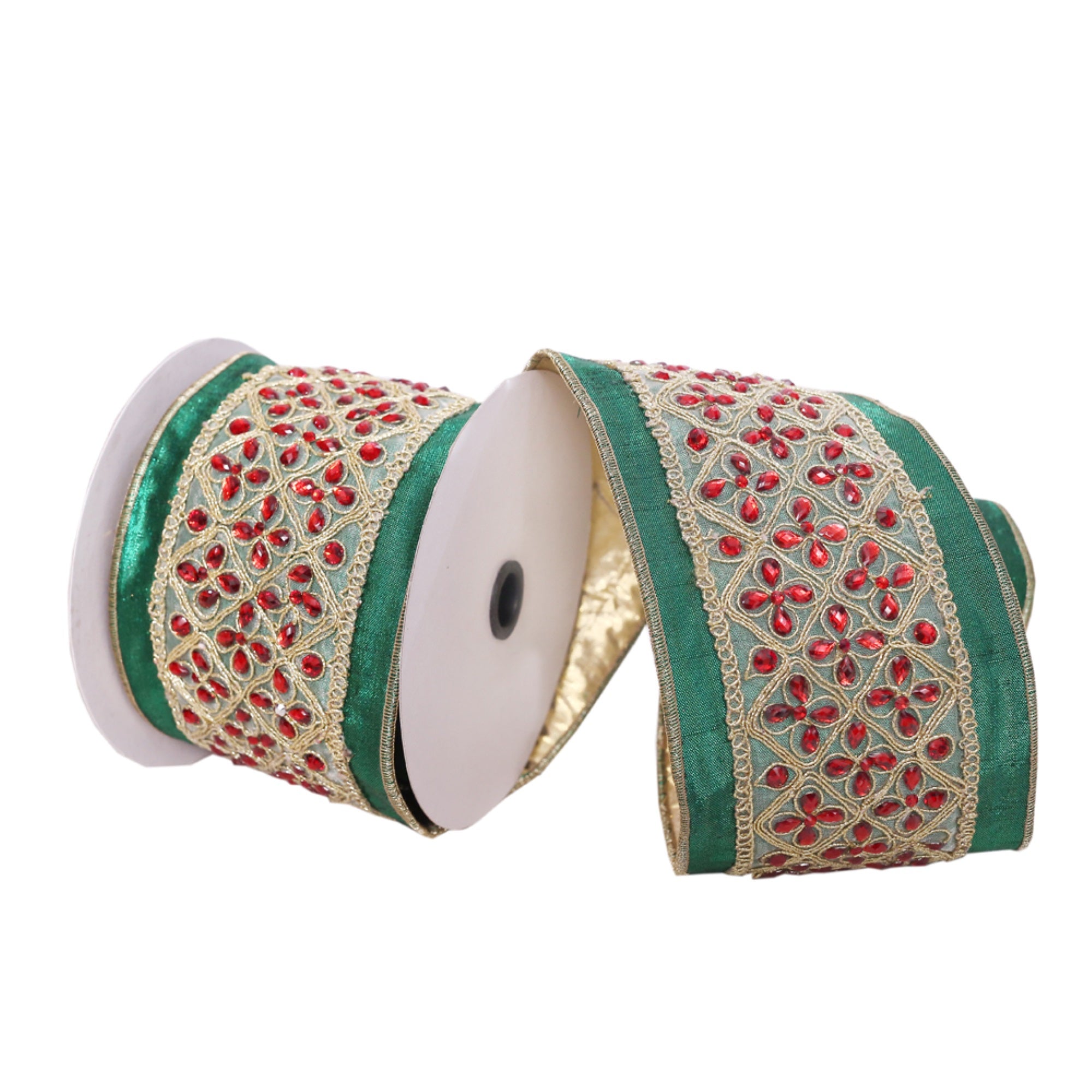 Vickerman 4 X 5 Yards Green With Red Jewels Wired Edge Christmas Ribbon.