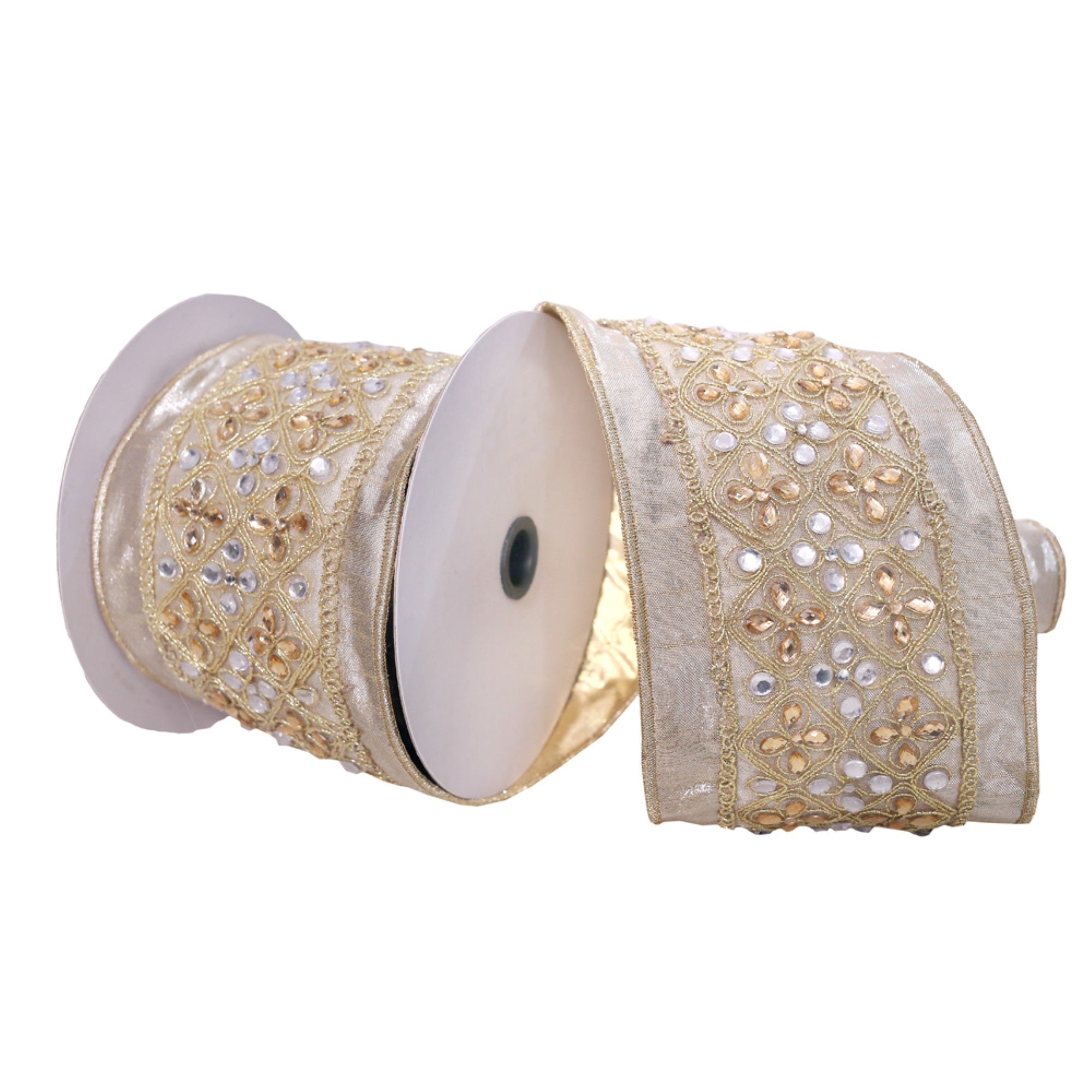 Vickerman 4” x 5 Yards Champagne-Silver-Gold Jeweled Wired Edge Christmas Ribbon.