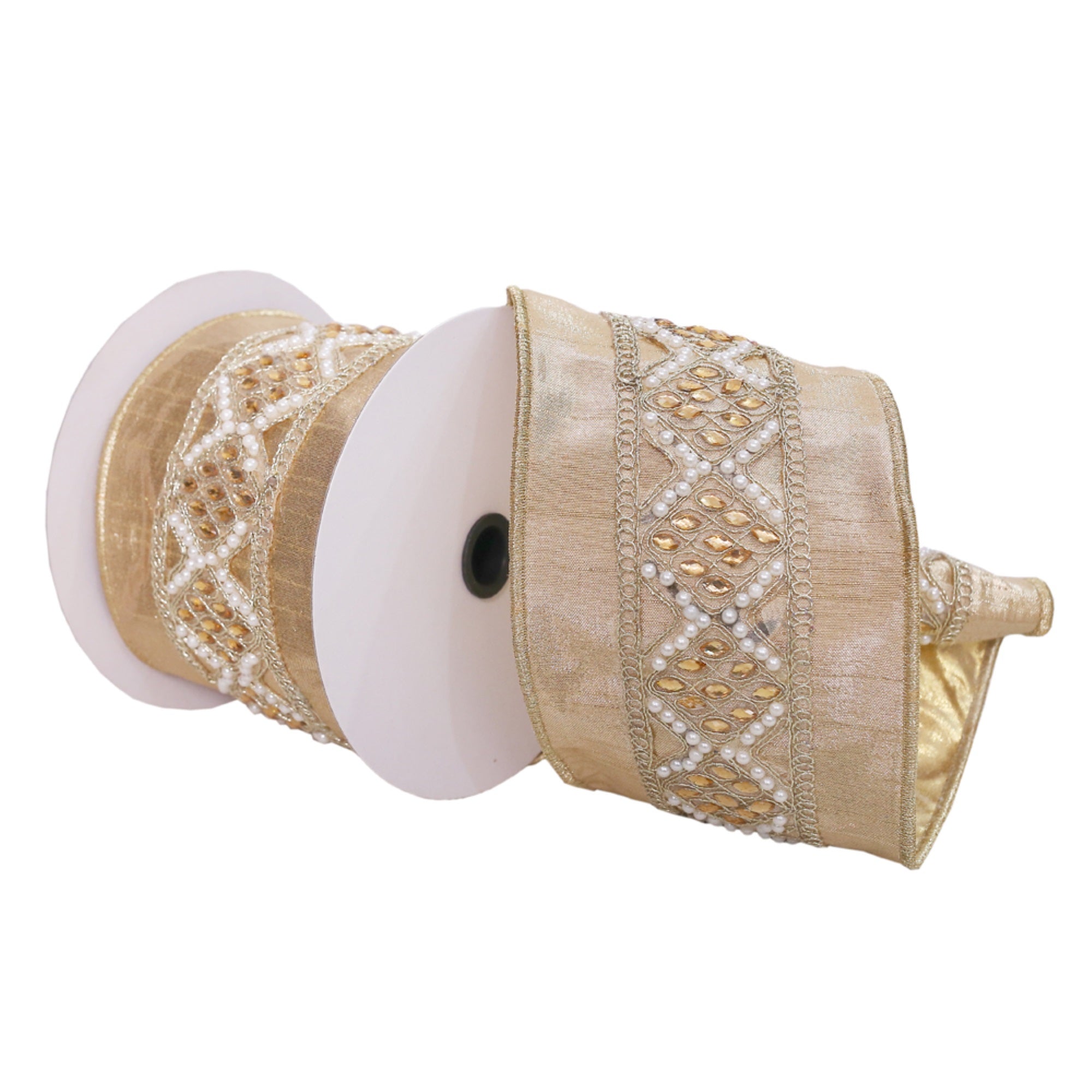 Vickerman 4 X 5 Yards Gold With Pearls And Jewels Wired Edge Christmas Ribbon.