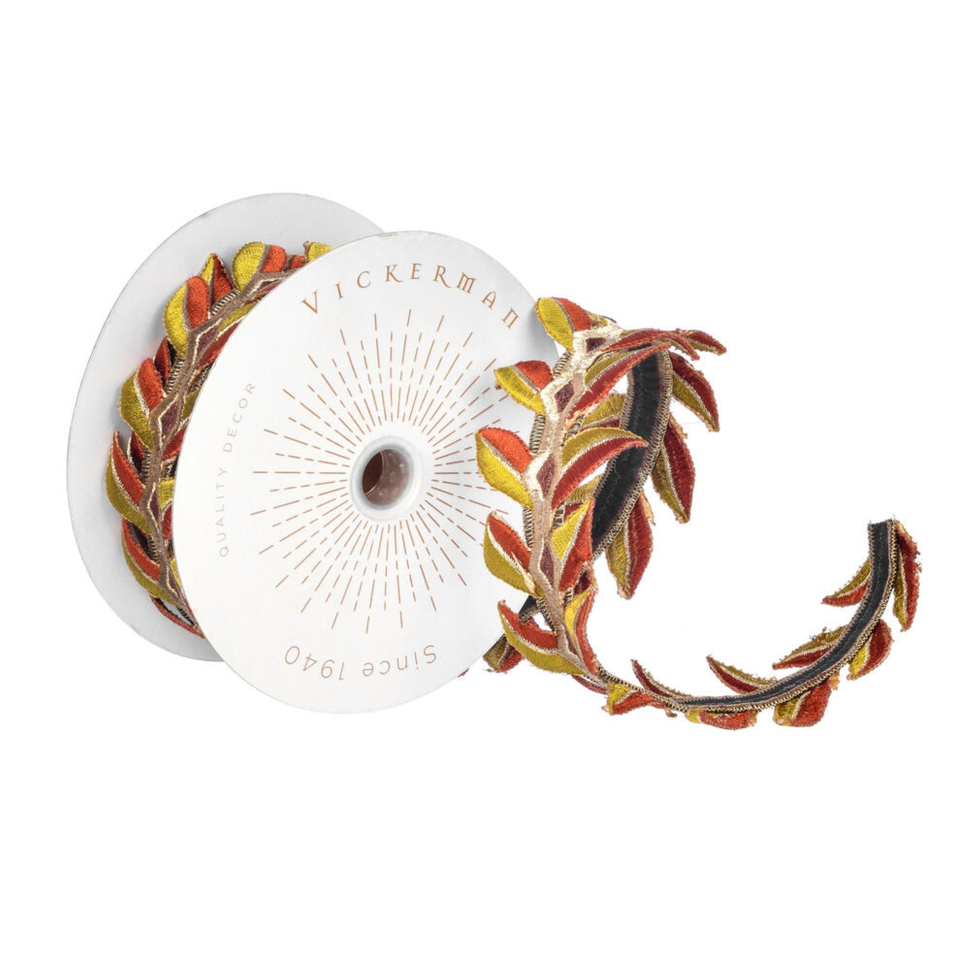 Vickerman 2.5 X 5 Yards Olive Harvest Leaves Wired Edge Christmas Ribbon.