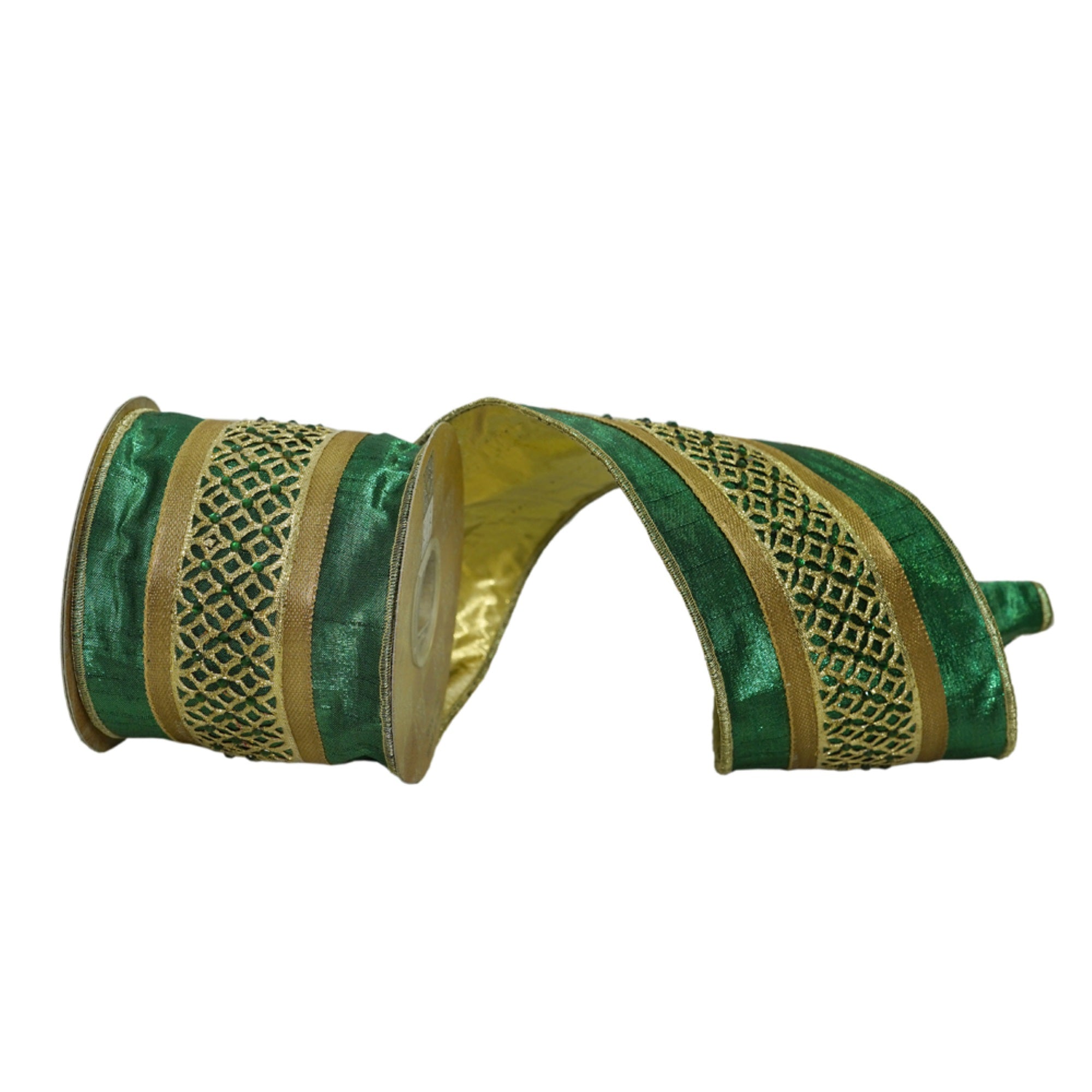 Vickerman 4” x 5 Yards Green Jeweled Wired Edge Christmas Ribbon.