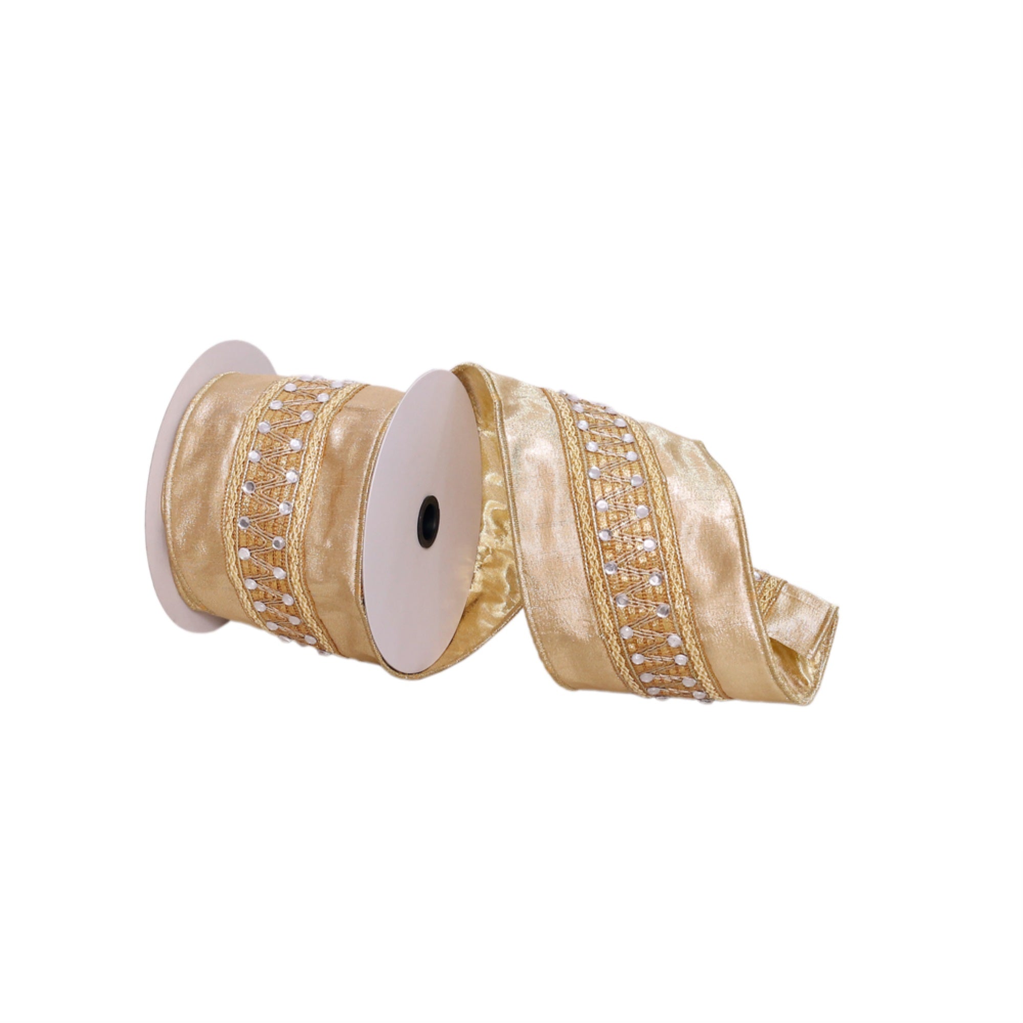 Vickerman 4” x 5 Yards Gold with Silver Jewels Wired Edge Christmas Ribbon.