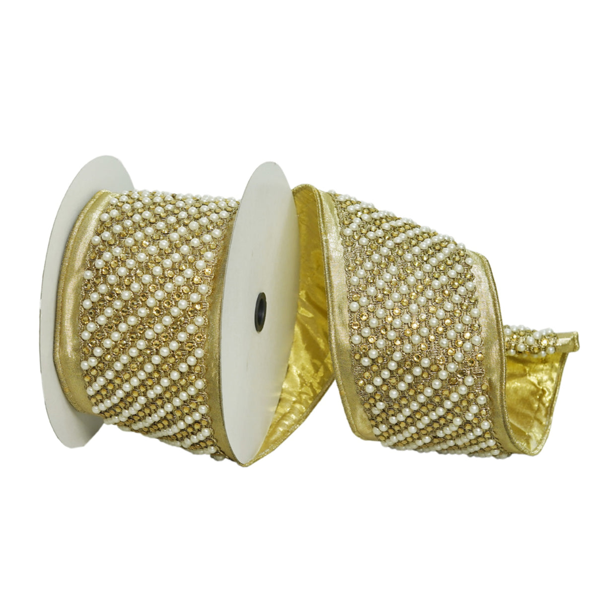 Vickerman 4 X 5 Yards Gold Jewel Pearls Wired Edge Christmas Ribbon.