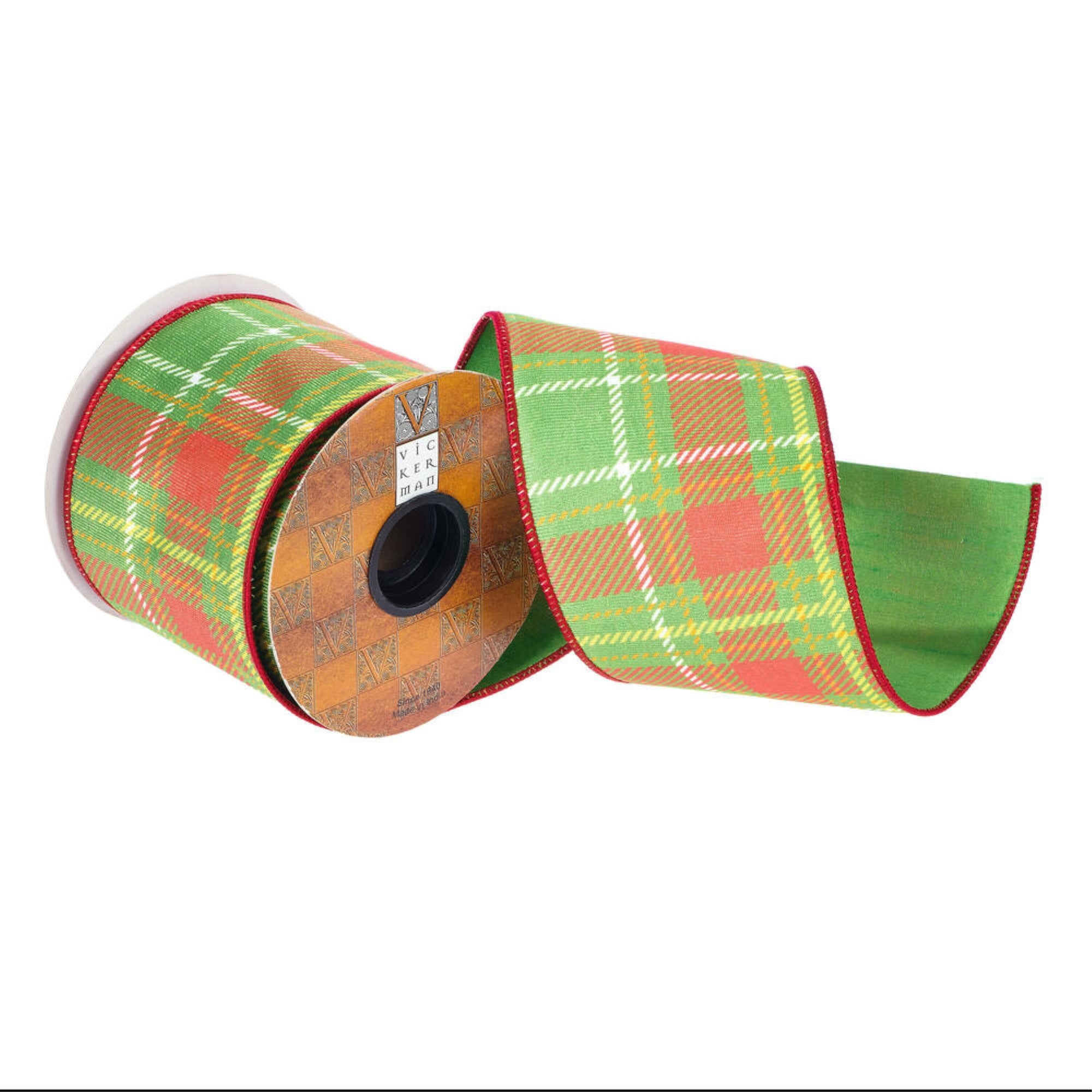 Vickerman 4” x 10 yd Green/Yellow/Plaid Wired Edge Christmas Ribbon.