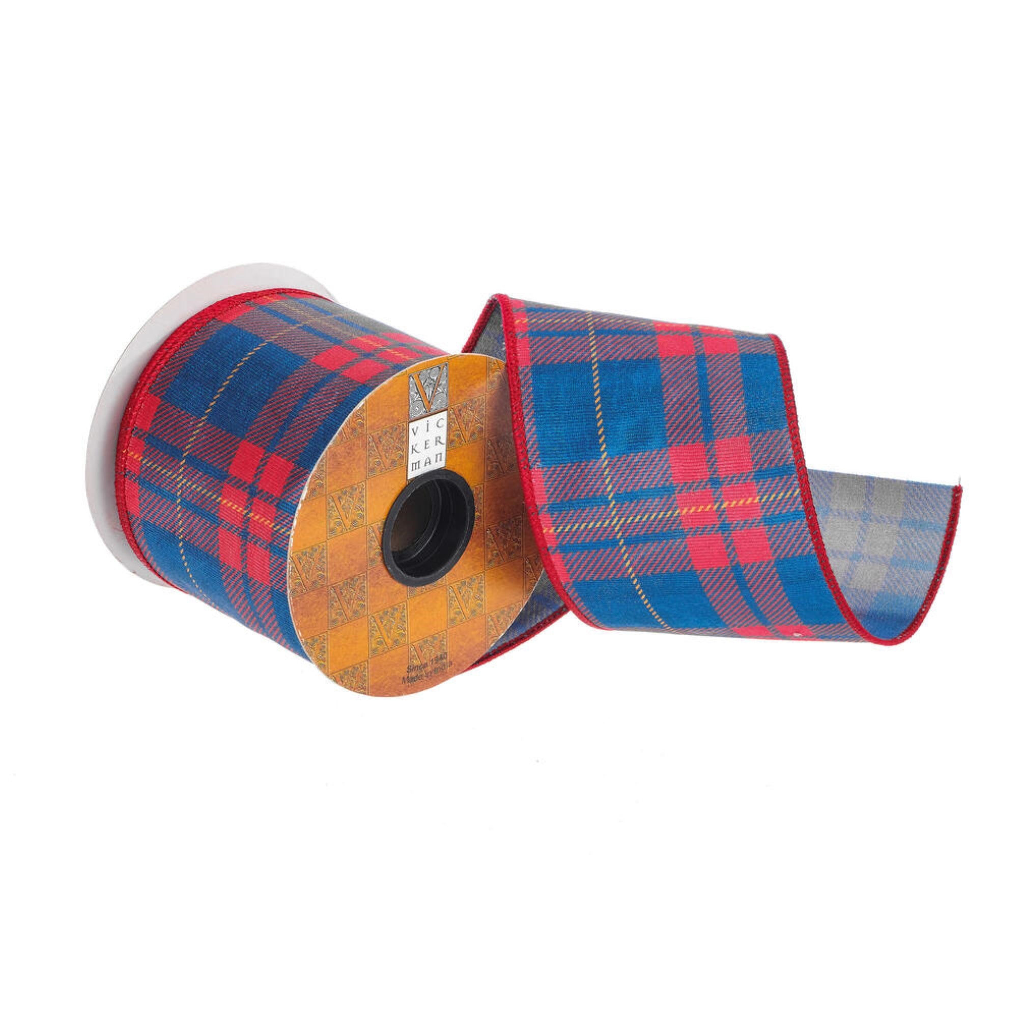 Vickerman 4” x 10 Yards Blue/Red Plaid Wired Edge Christmas Ribbon.