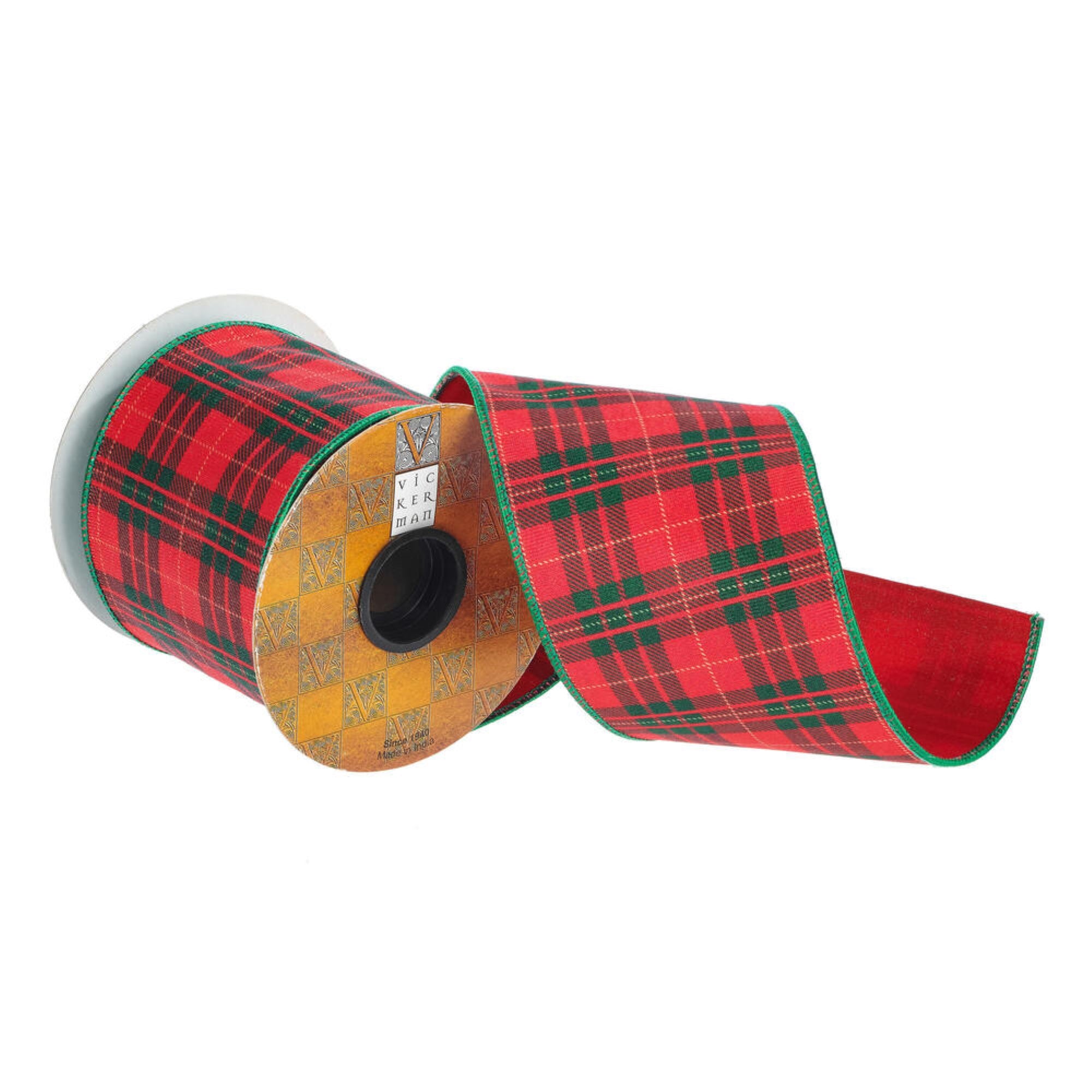 Vickerman 4” x 10 Yards Red/Green Plaid Wired Edge Christmas Ribbon.