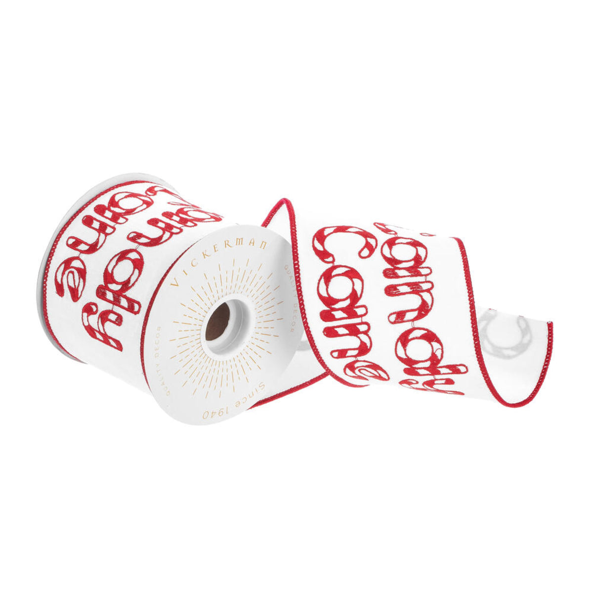 Vickerman 4 X 10 Yards White Candy Cane Wired Edge Christmas Ribbon.