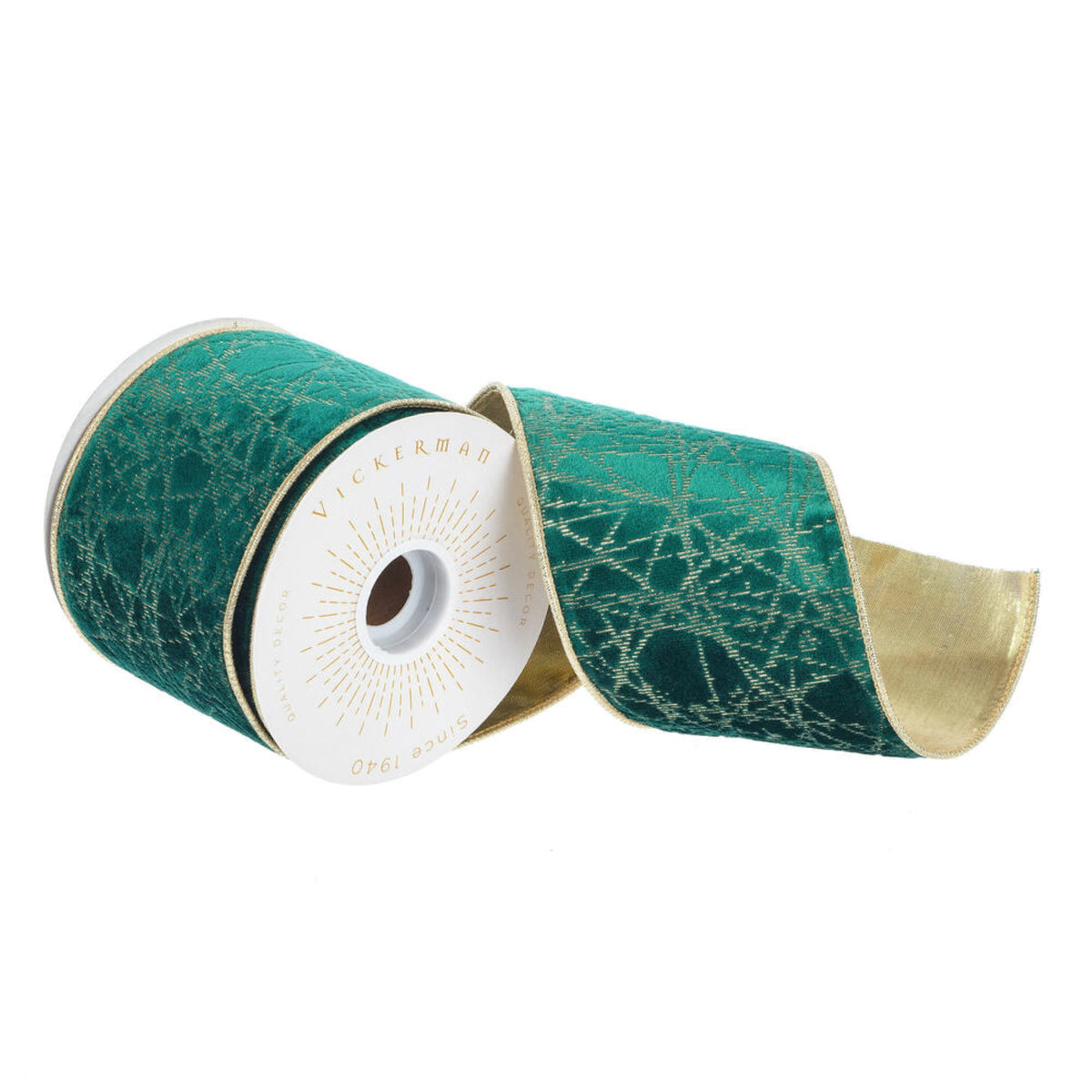 Vickerman 4 X 10 Yards Dark Green/Gold Lines Wired Edge Christmas Ribbon.