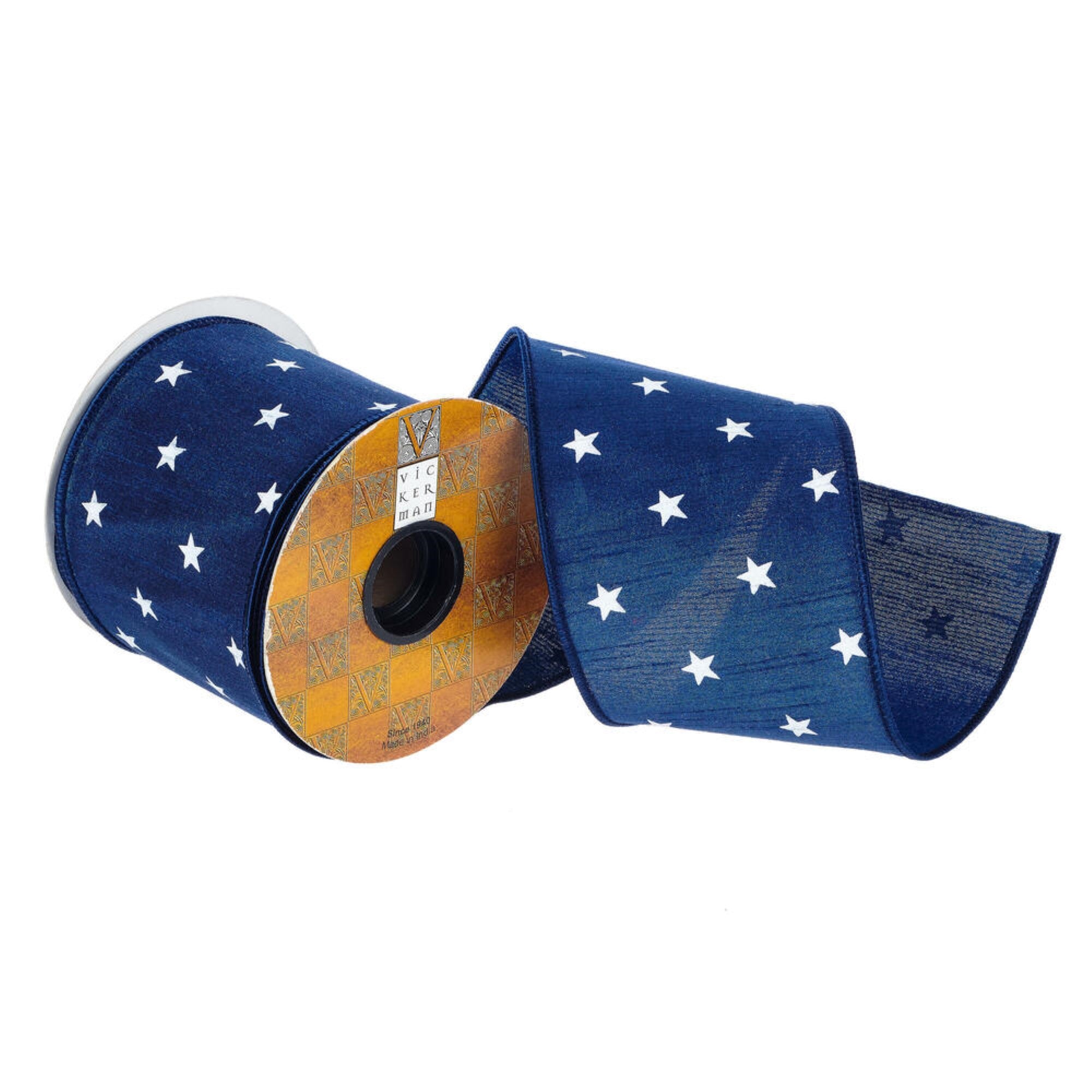 Vickerman 4” x 10 Yards Dark Blue/White Stars Print Wired Edge Holiday Ribbon.