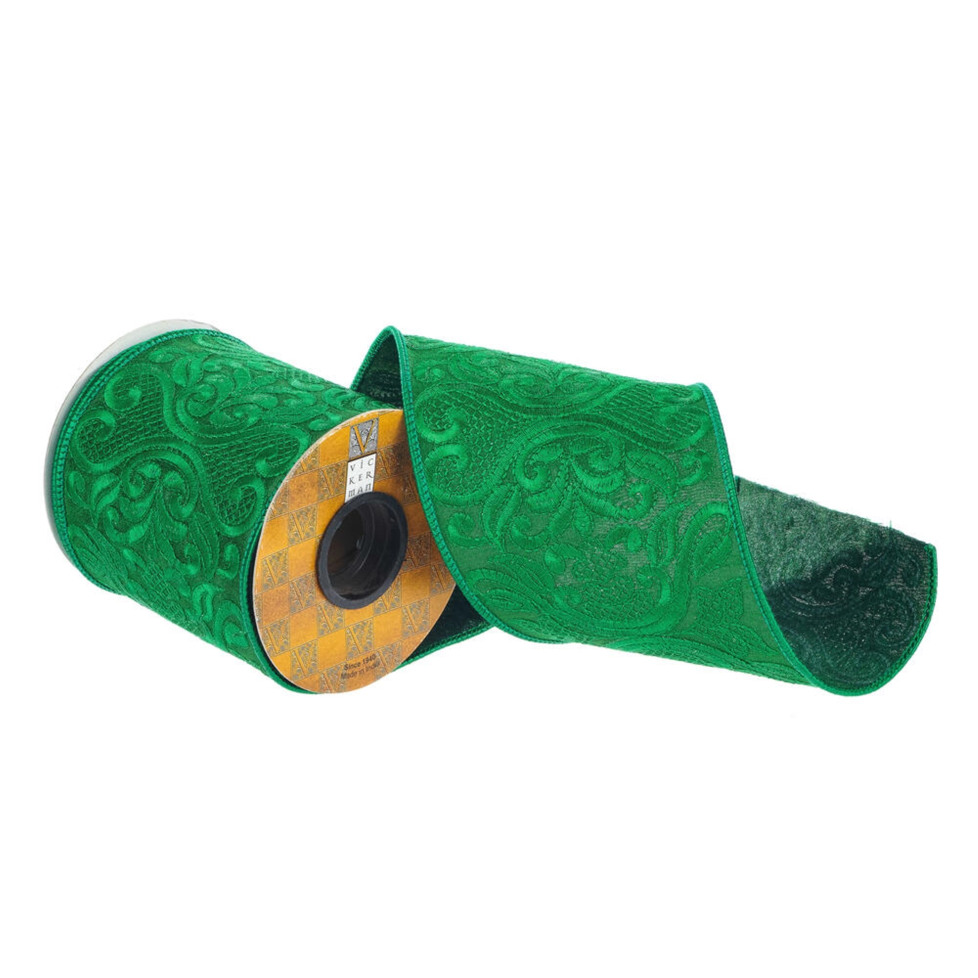 Vickerman 4 X 5 Yards Green Embroidery Wired Edge Christmas Ribbon.